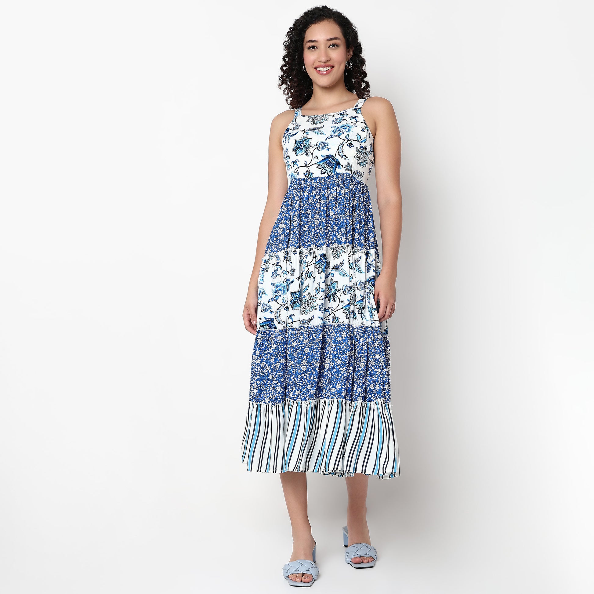 Square Neck Printed Strapy Tiered Dress XS / Blue Square Neck Printed Strapy Tiered Dress XS / Blue