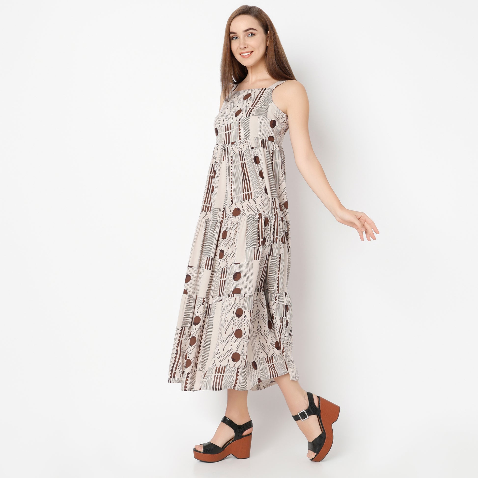 Flare Fit Printed Square Neck Dress