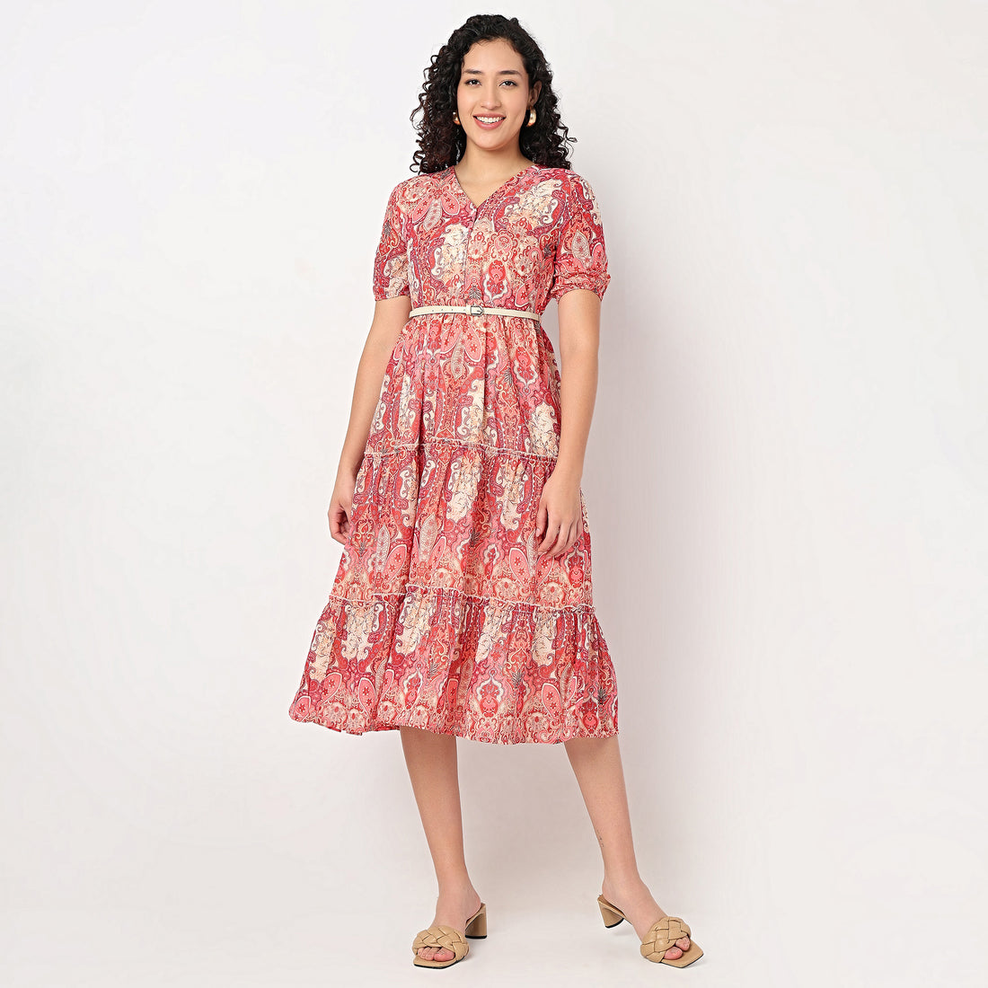 Belted Tiered V-Neck Dress