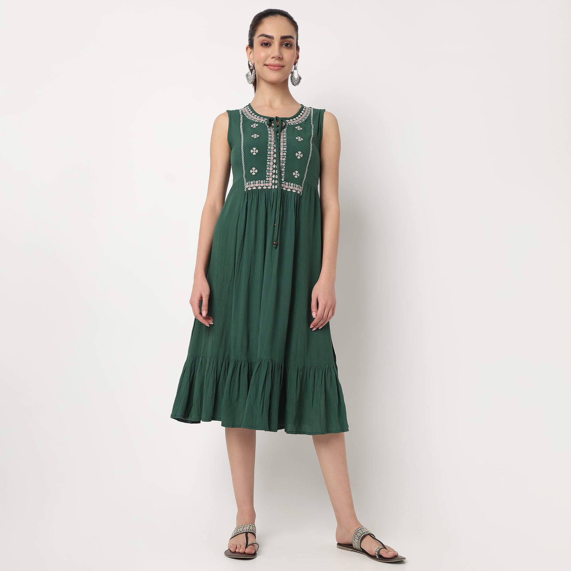 Embroidered Tie Up Neck Tiered Dress With Elasticated Sleeve
