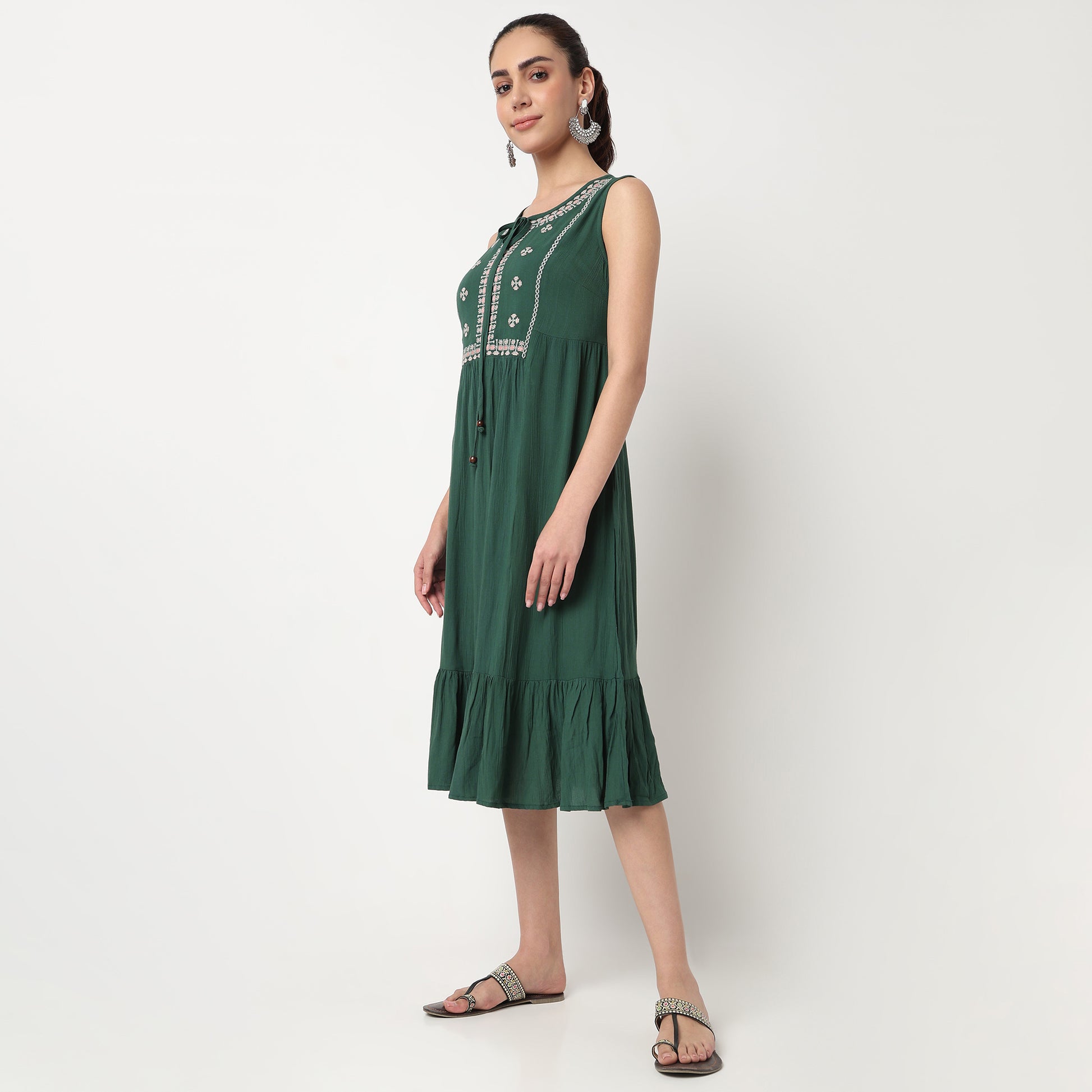 Embroidered Tie Up Neck Tiered Dress With Elasticated Sleeve