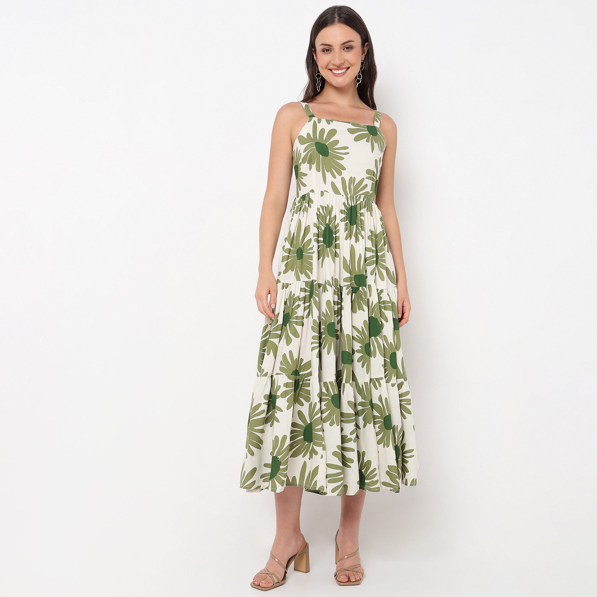 Abstract Square Neck Sleeveless Tiered Dress