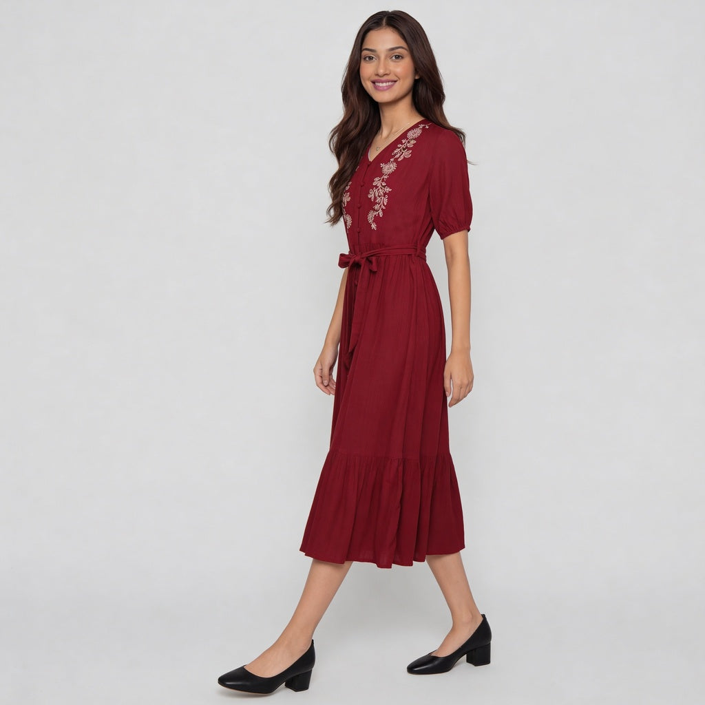 V-Neck Embroidered Dress