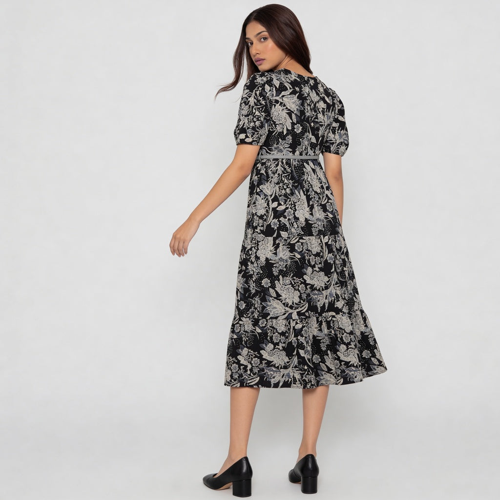 V-Neck Printed Tiered Dress
