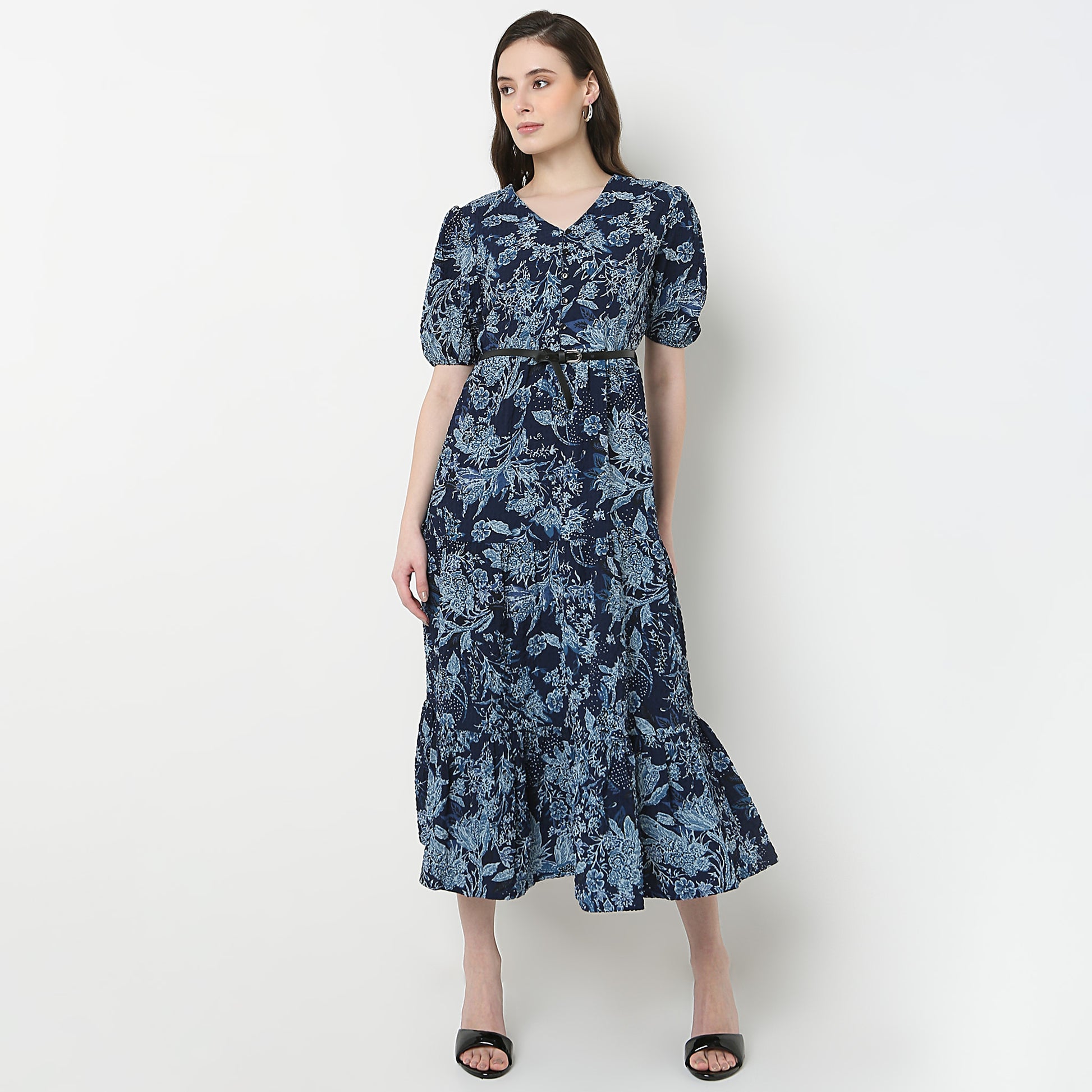 V-Neck Printed Tiered Dress
