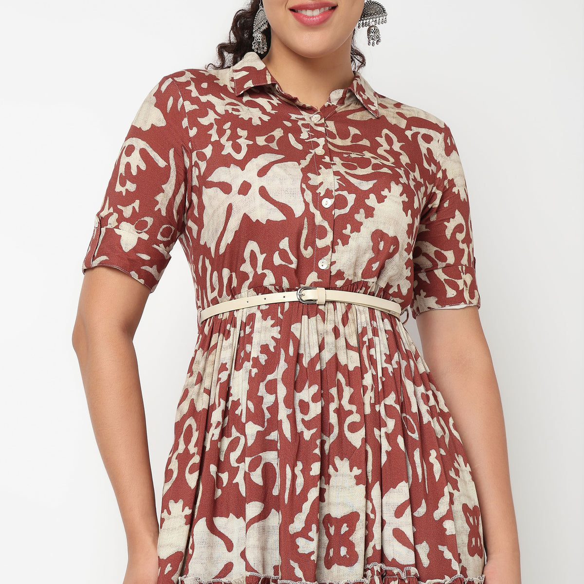 Camp Collar Tiered Floral Dress with Belt
