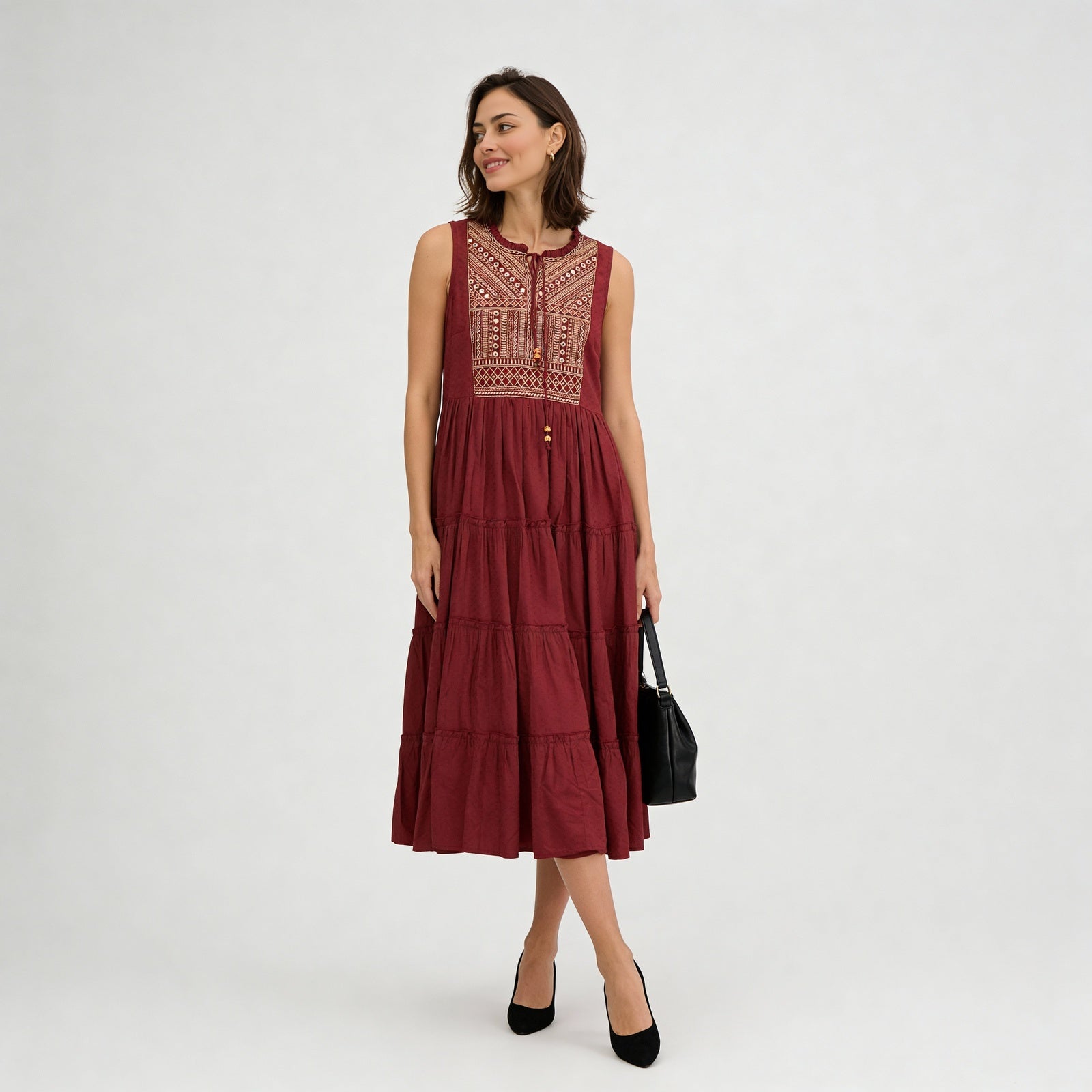 Embroidered Yoke Tiered Dress