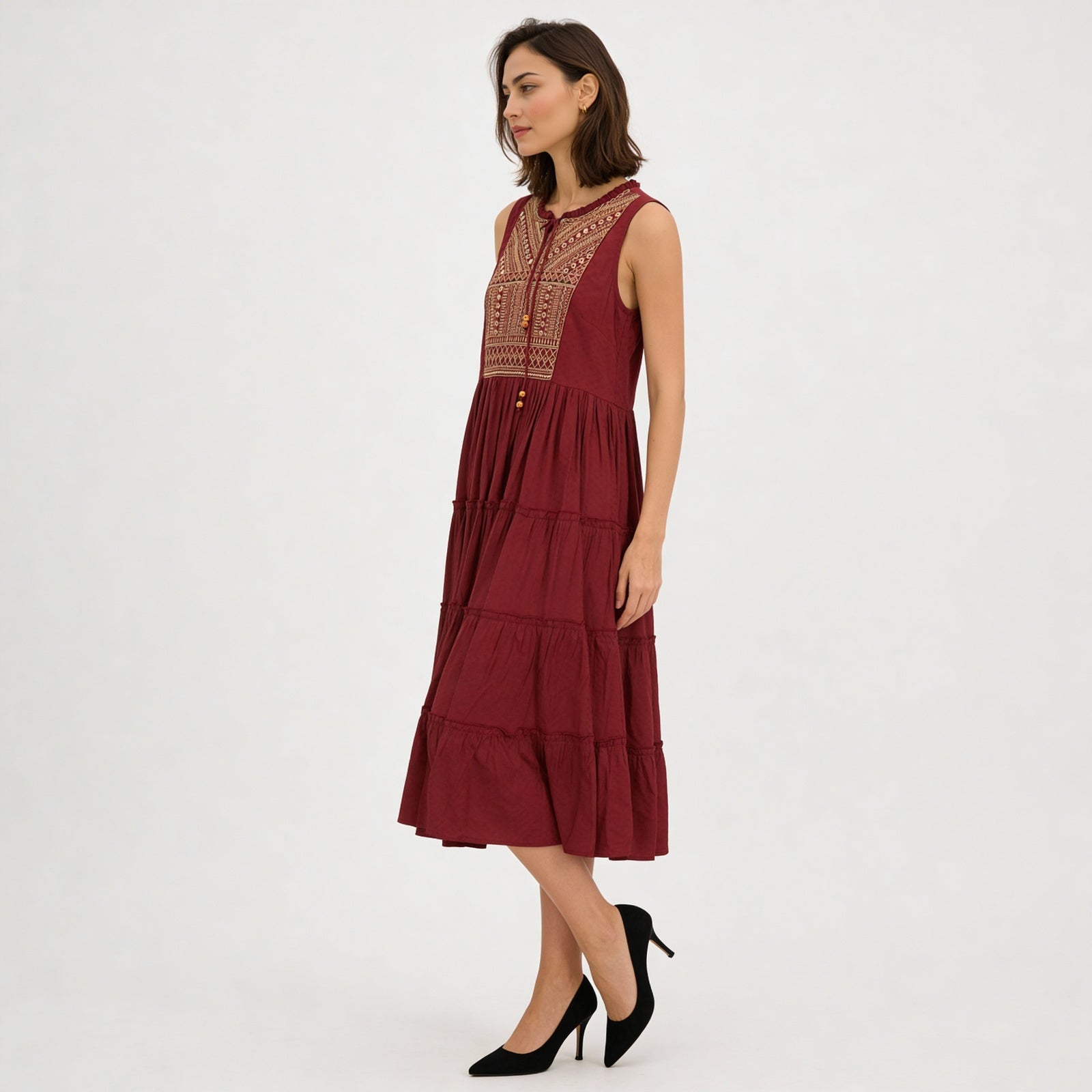 Embroidered Yoke Tiered Dress