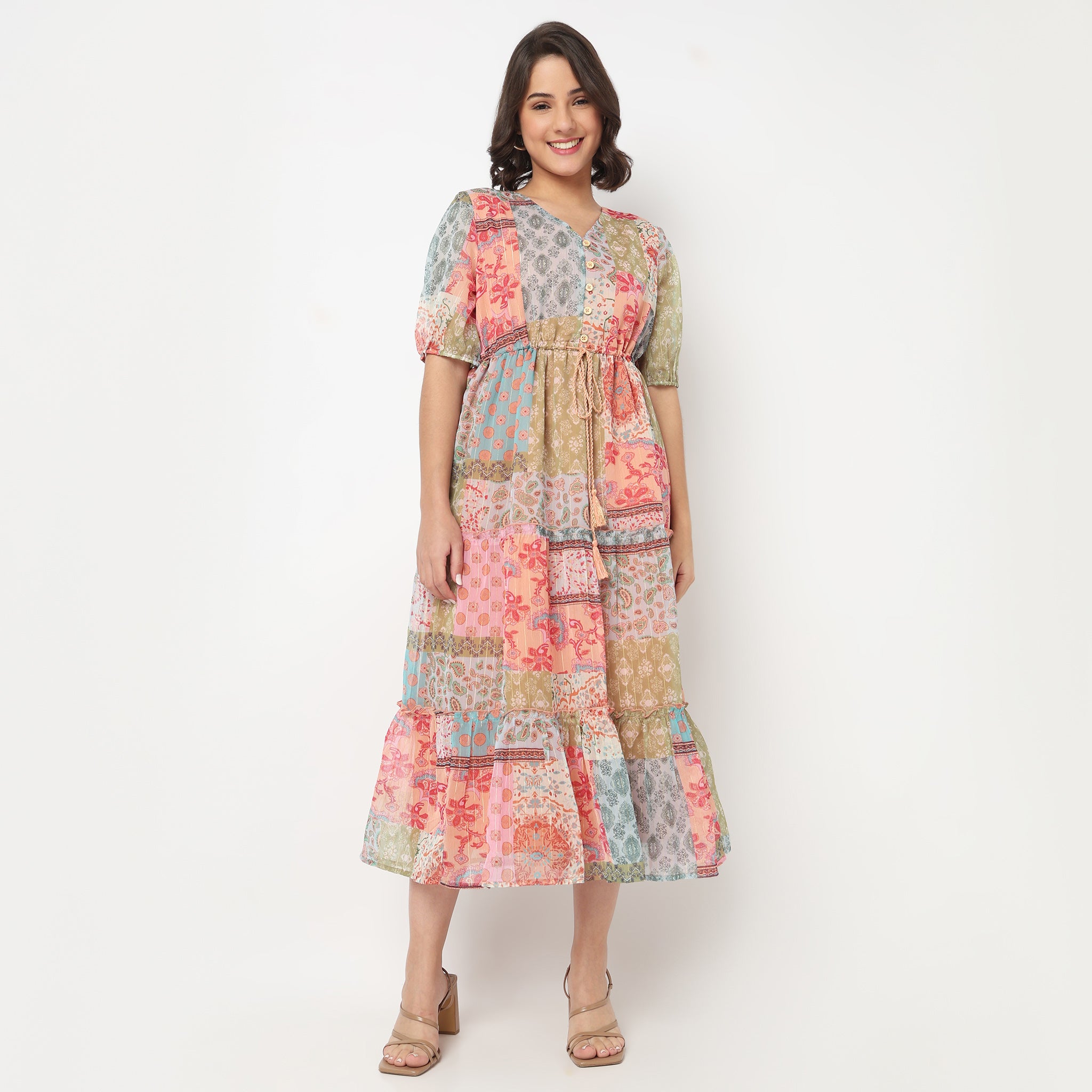 V-Neck Printed Tiered Dress