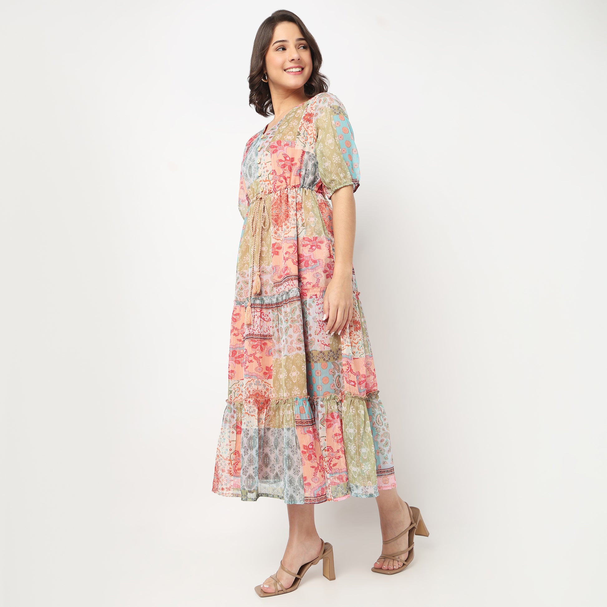 V-Neck Printed Tiered Dress