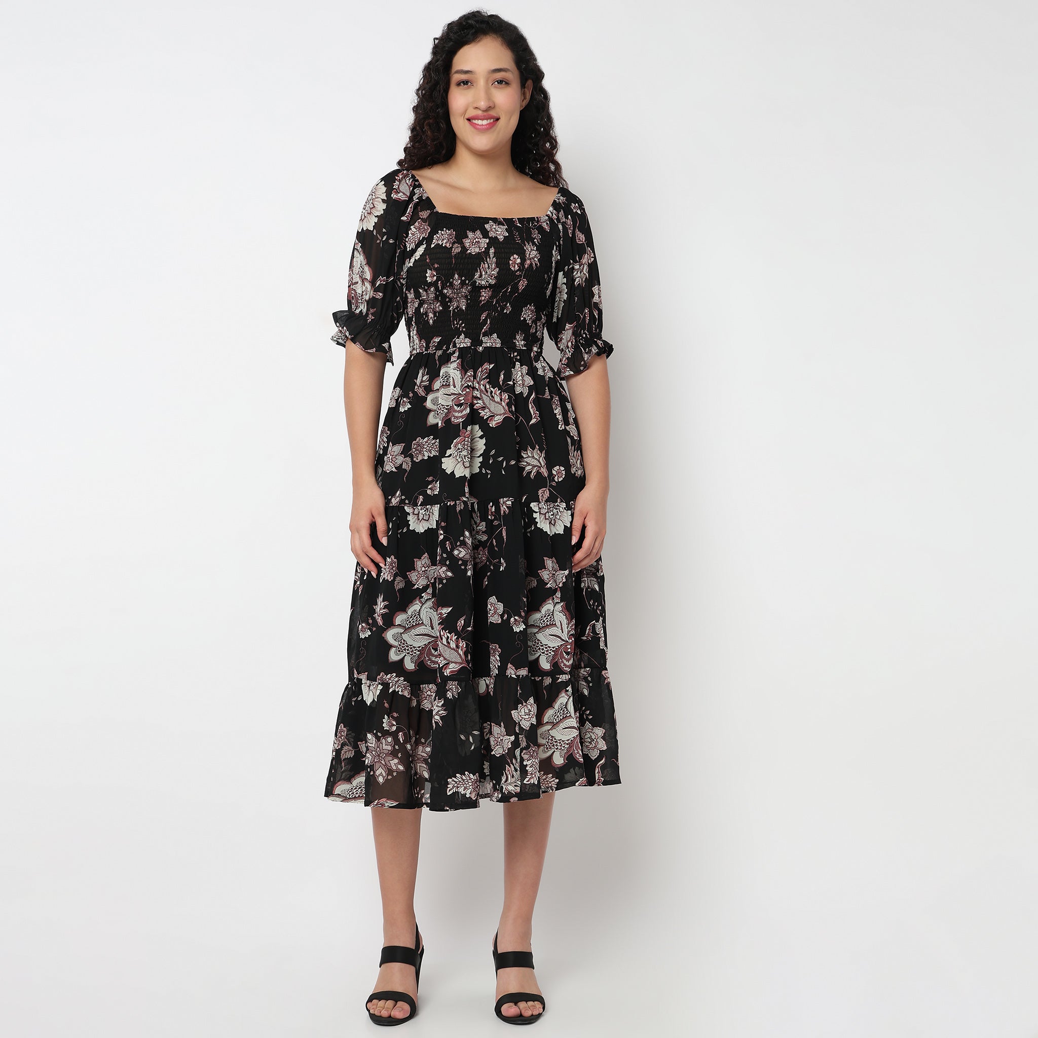 Tiered Floral Dress with Elasticated Sleeve
