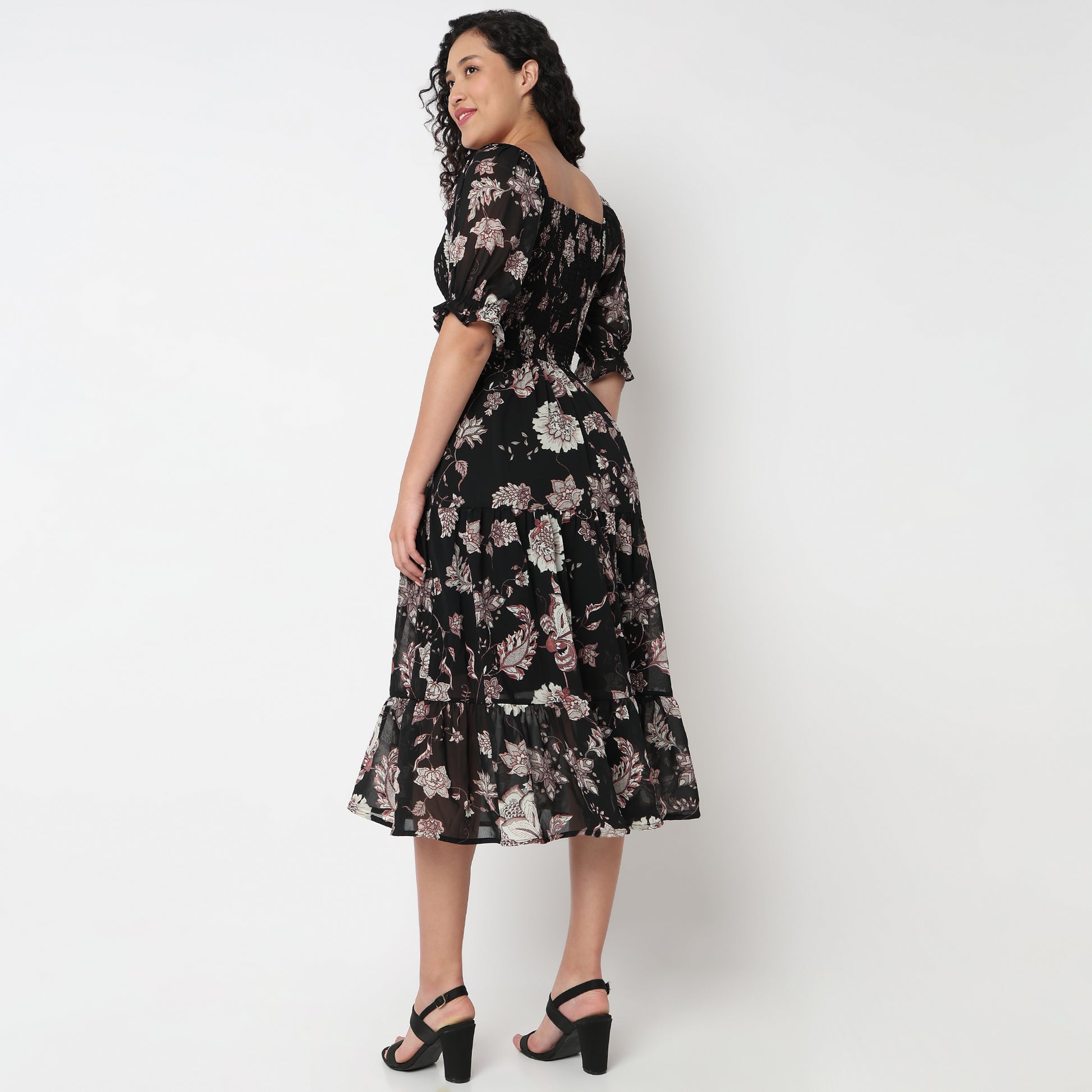 Tiered Floral Dress with Elasticated Sleeve