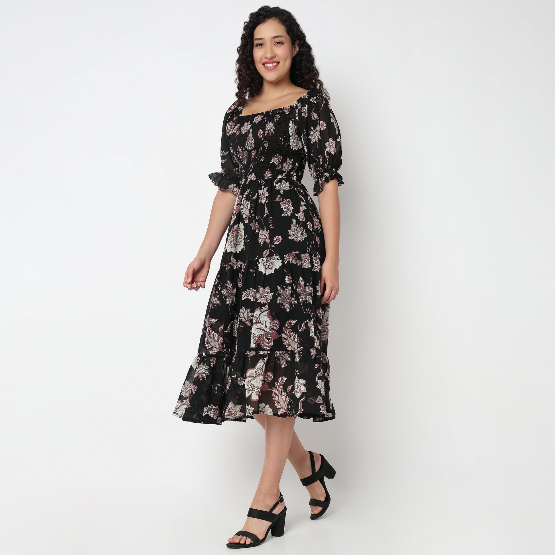 Tiered Floral Dress with Elasticated Sleeve
