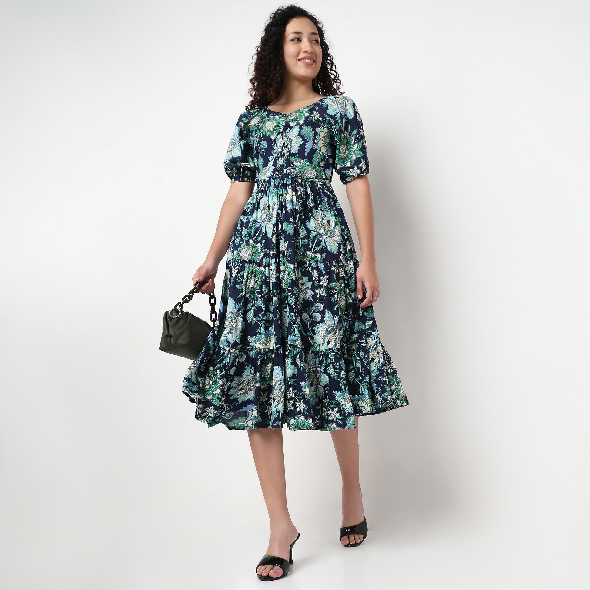 V-Neck Front Ruched Tiered Dress