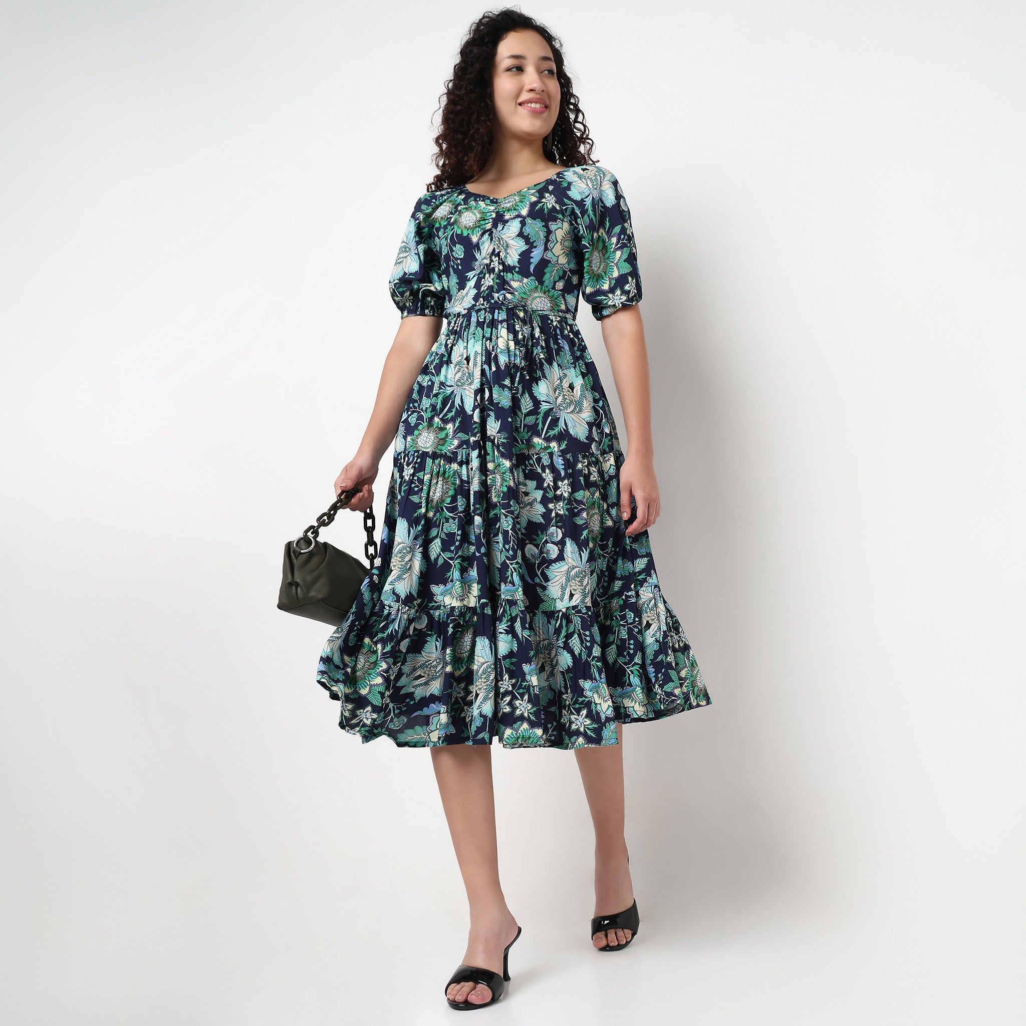 V-Neck Front Ruched Tiered Dress