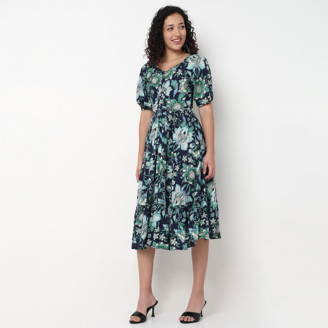 V-Neck Front Ruched Tiered Dress