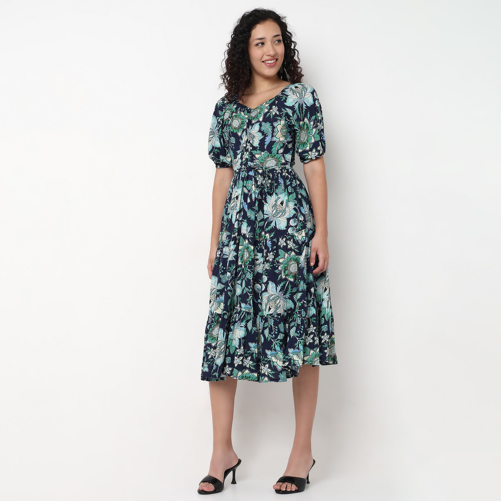 V-Neck Front Ruched Tiered Dress