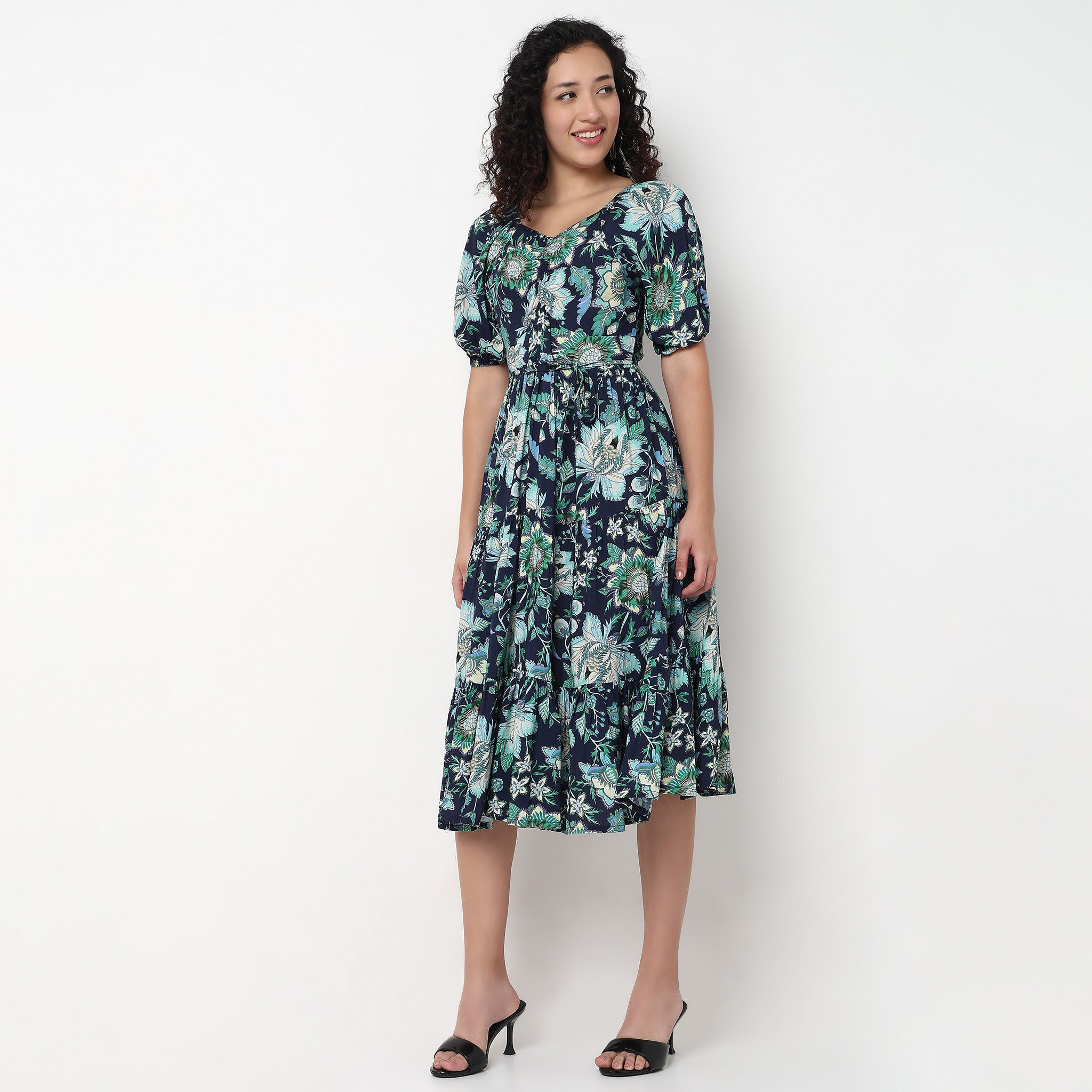 V-Neck Front Ruched Tiered Dress