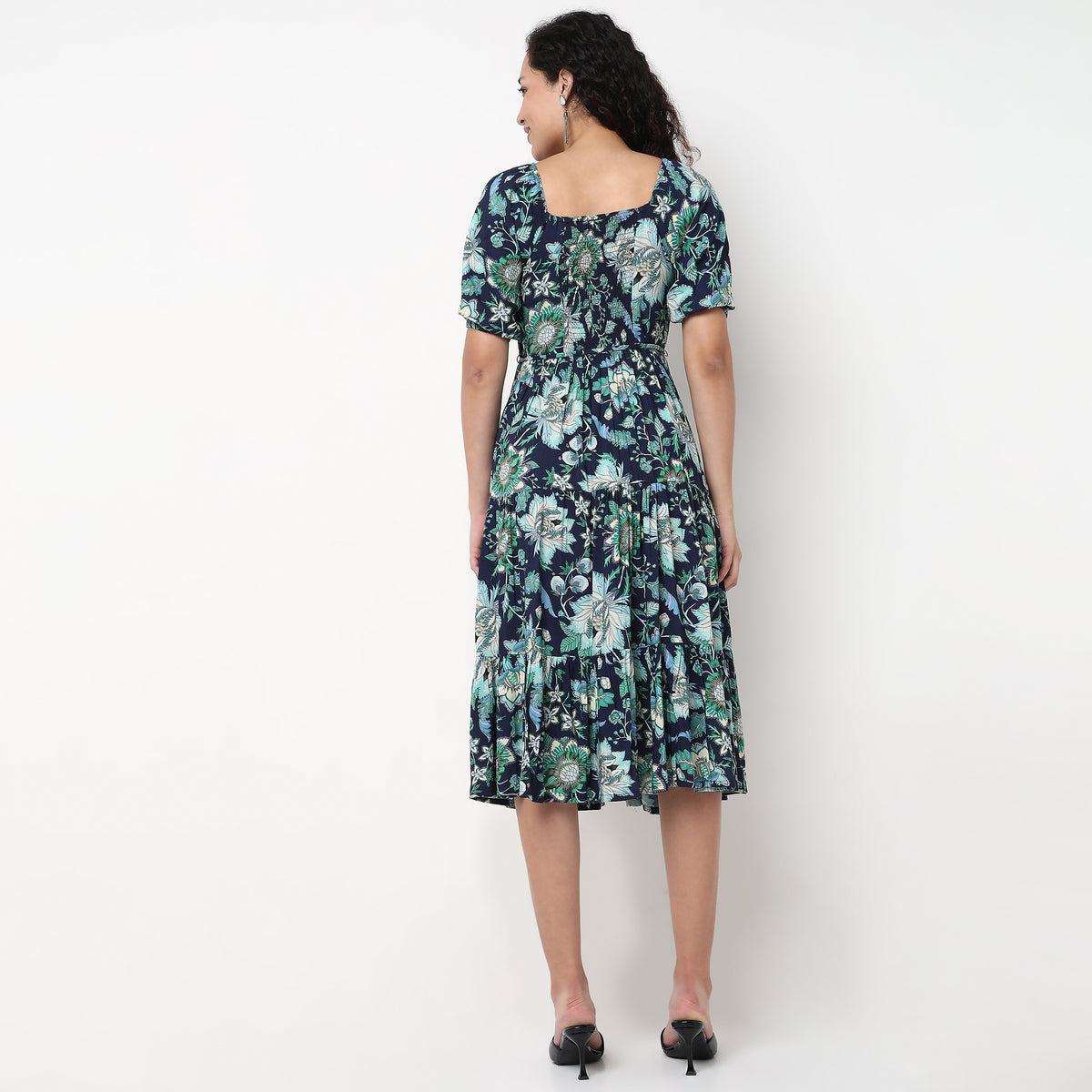 V-Neck Front Ruched Tiered Dress