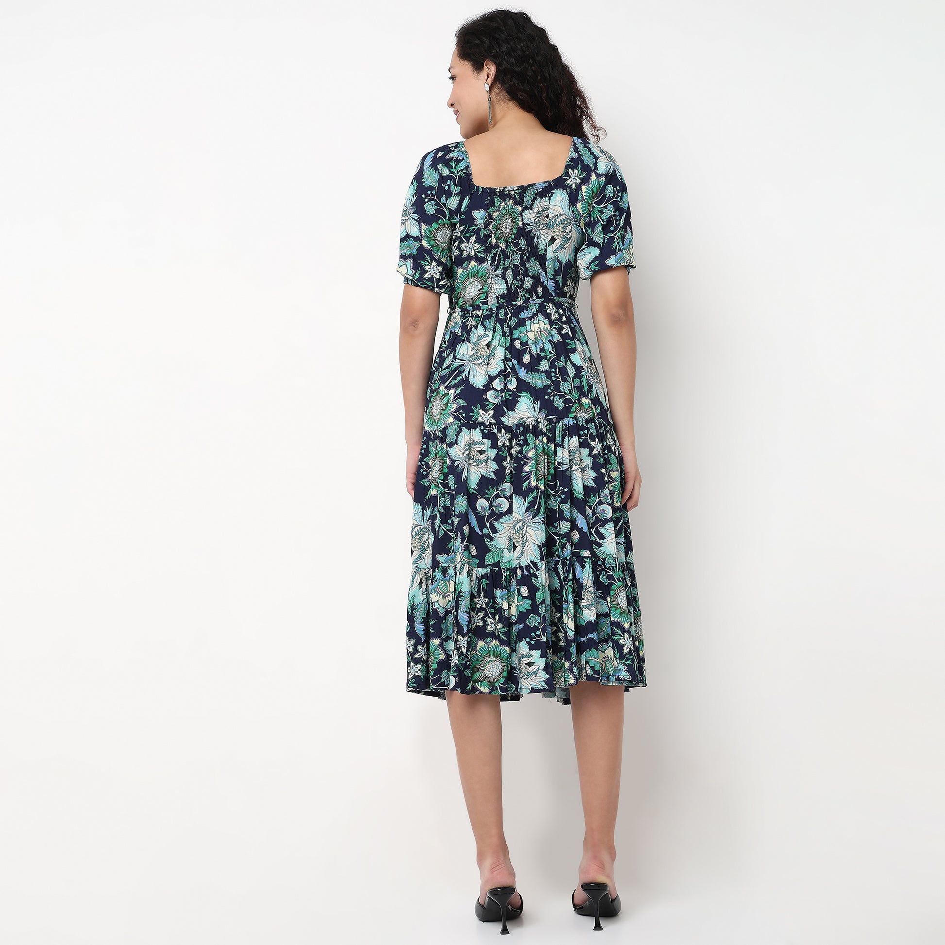 V-Neck Front Ruched Tiered Dress