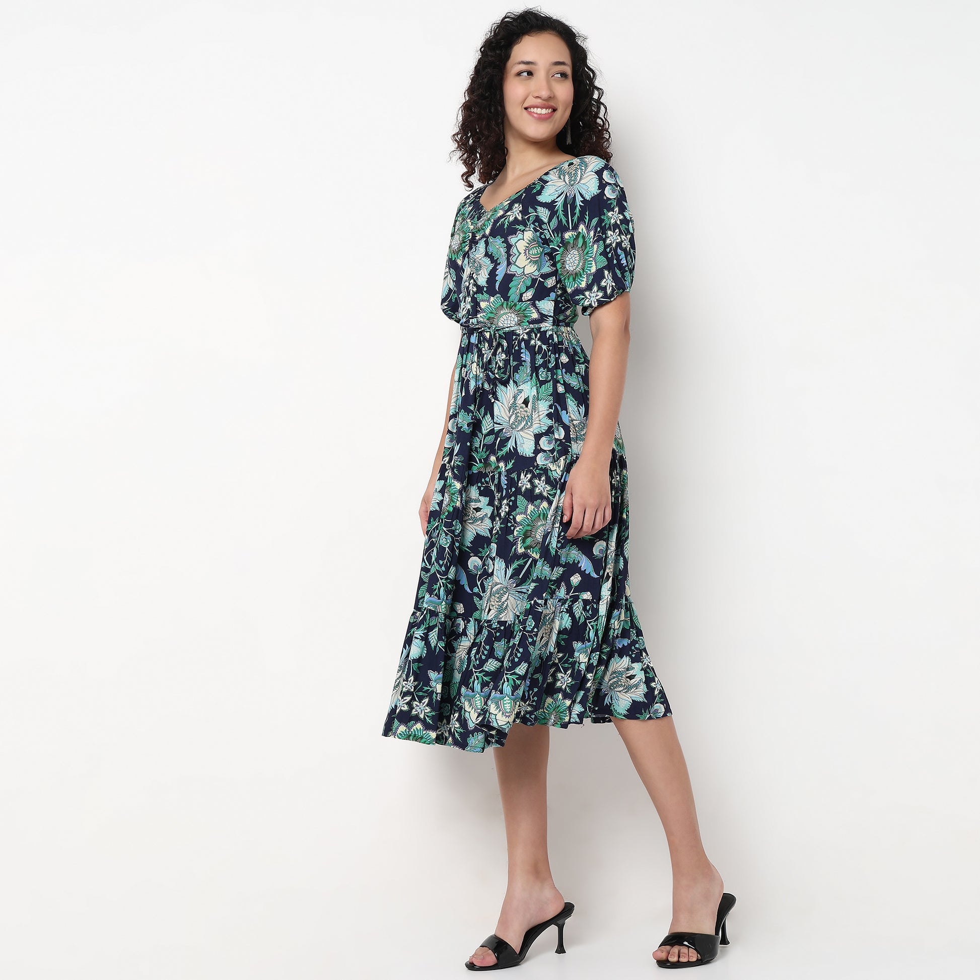 V-Neck Front Ruched Tiered Dress