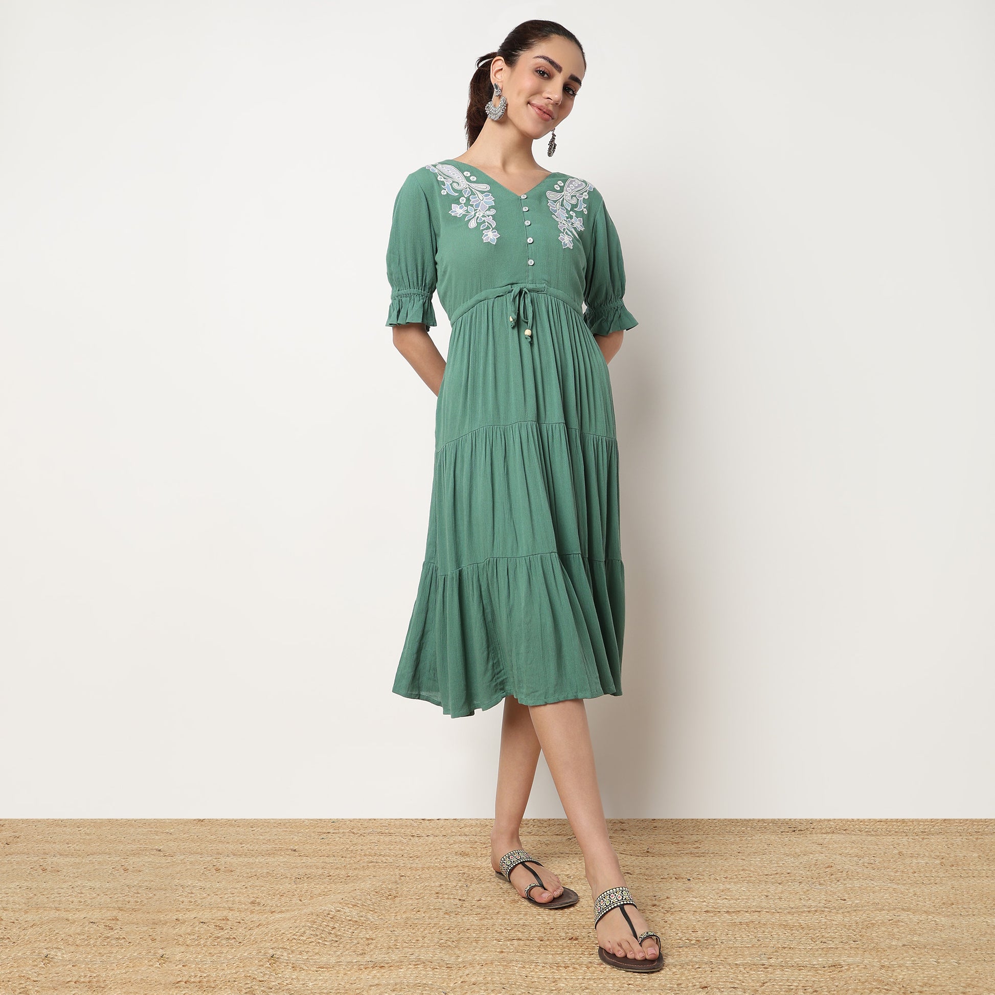 V-Neck Tiered Dress With Elbow Length Elasticated Sleeves