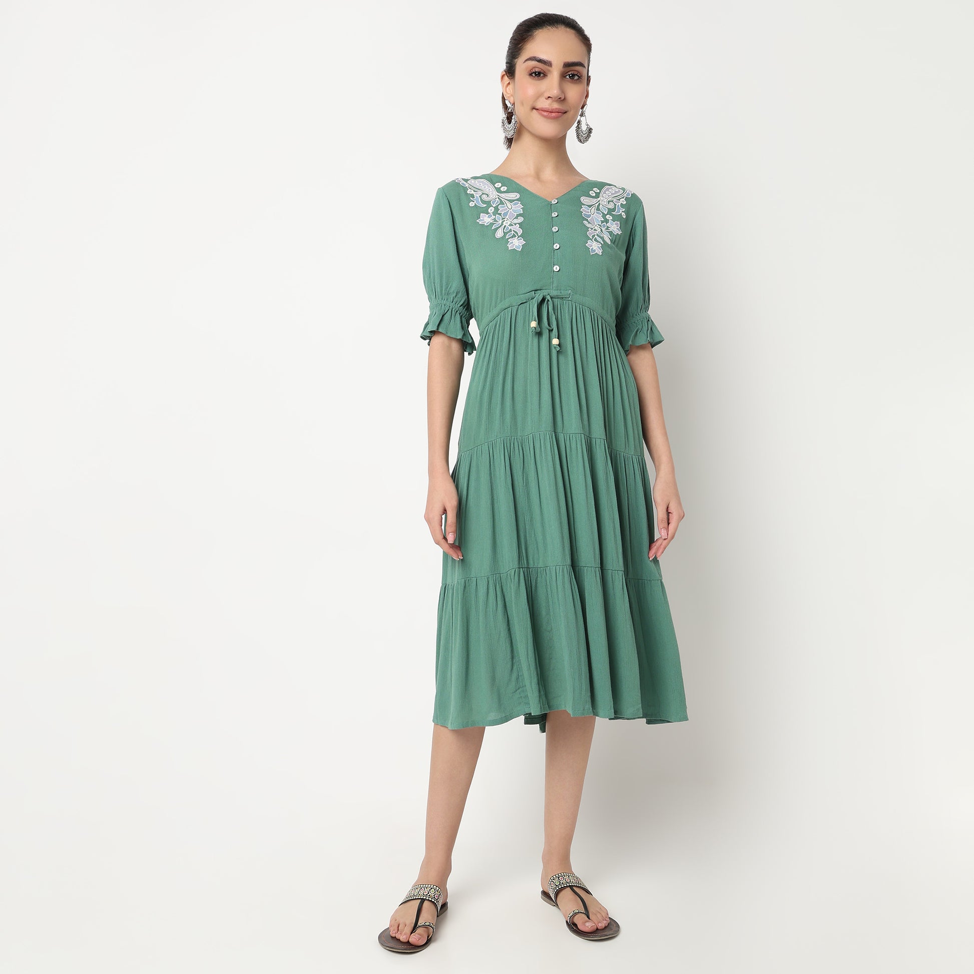 V-Neck Tiered Dress With Elbow Length Elasticated Sleeves