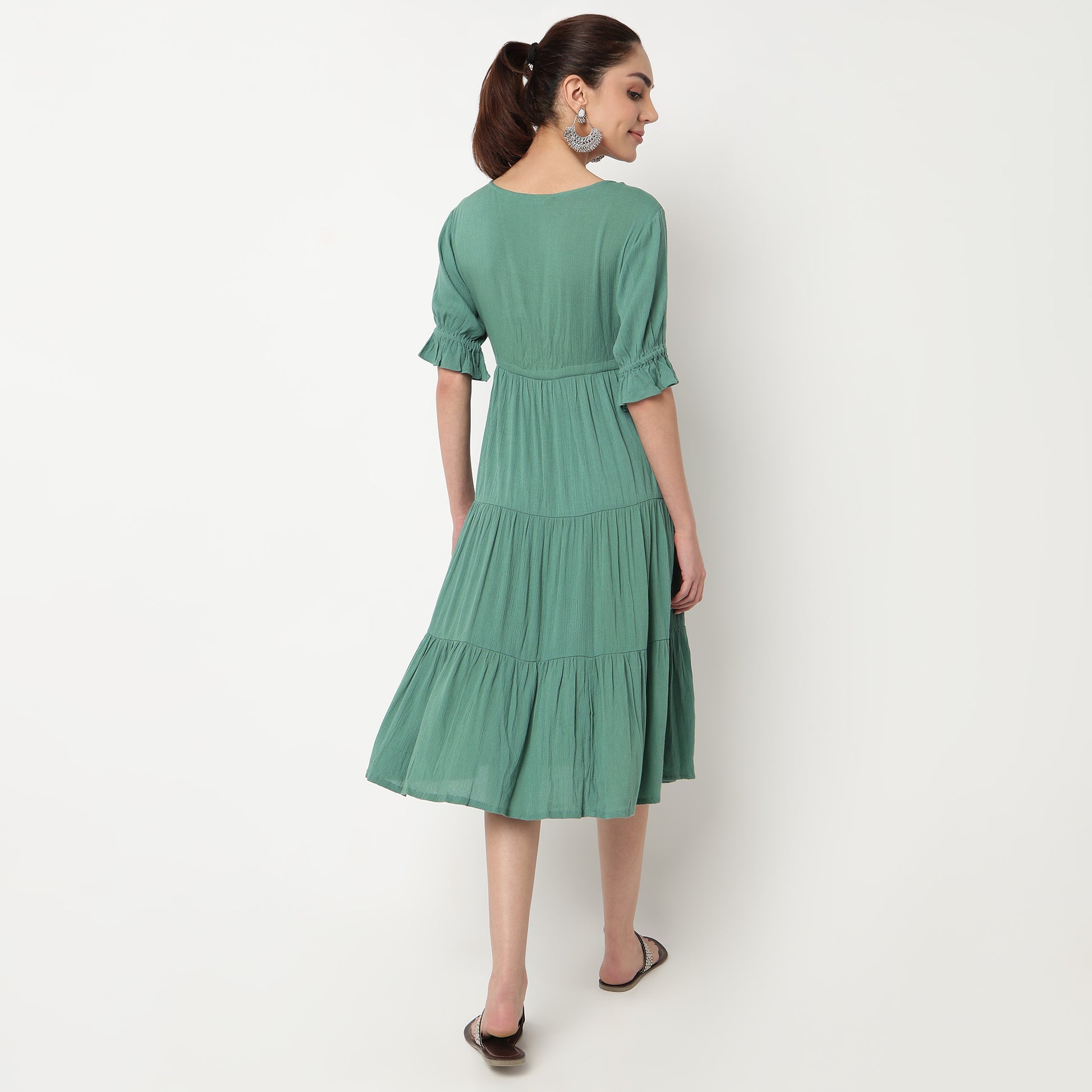 V-Neck Tiered Dress With Elbow Length Elasticated Sleeves