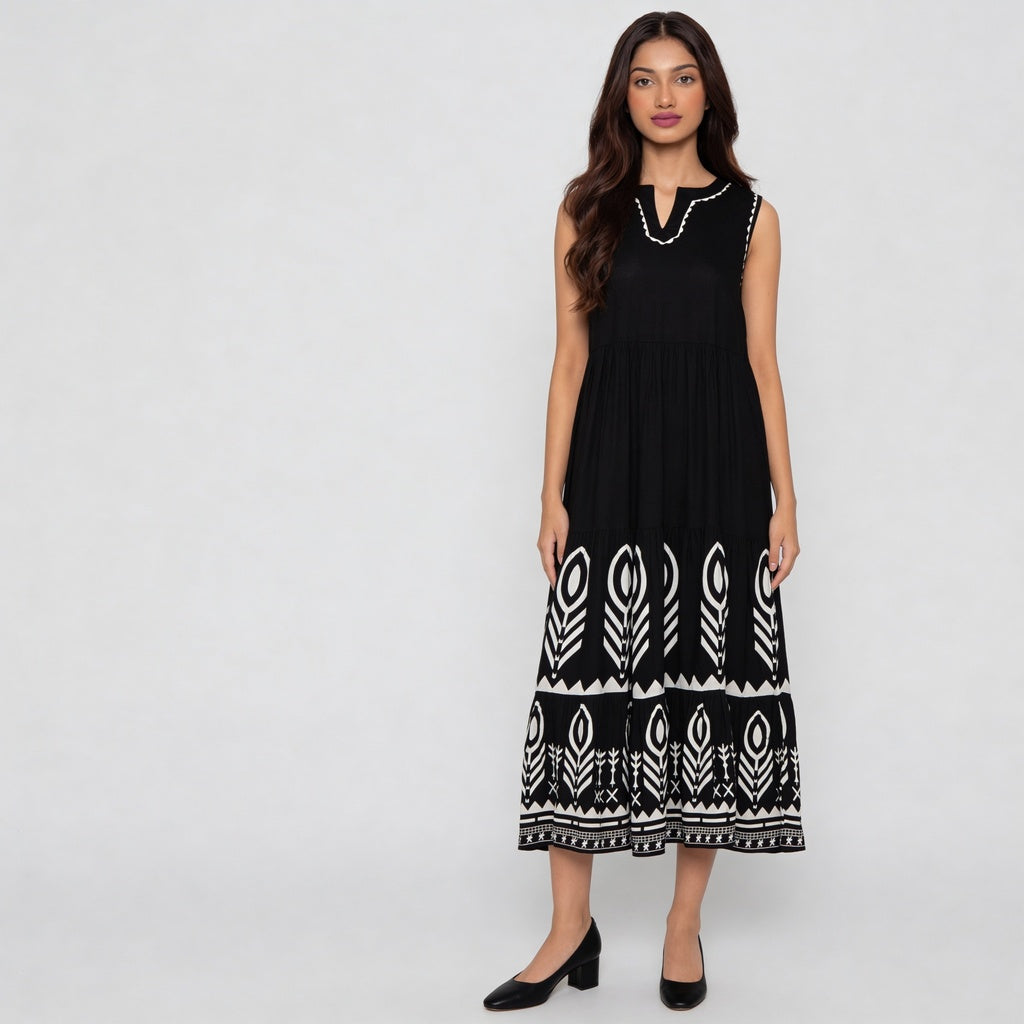 V-Neck Printed Tiered Dress