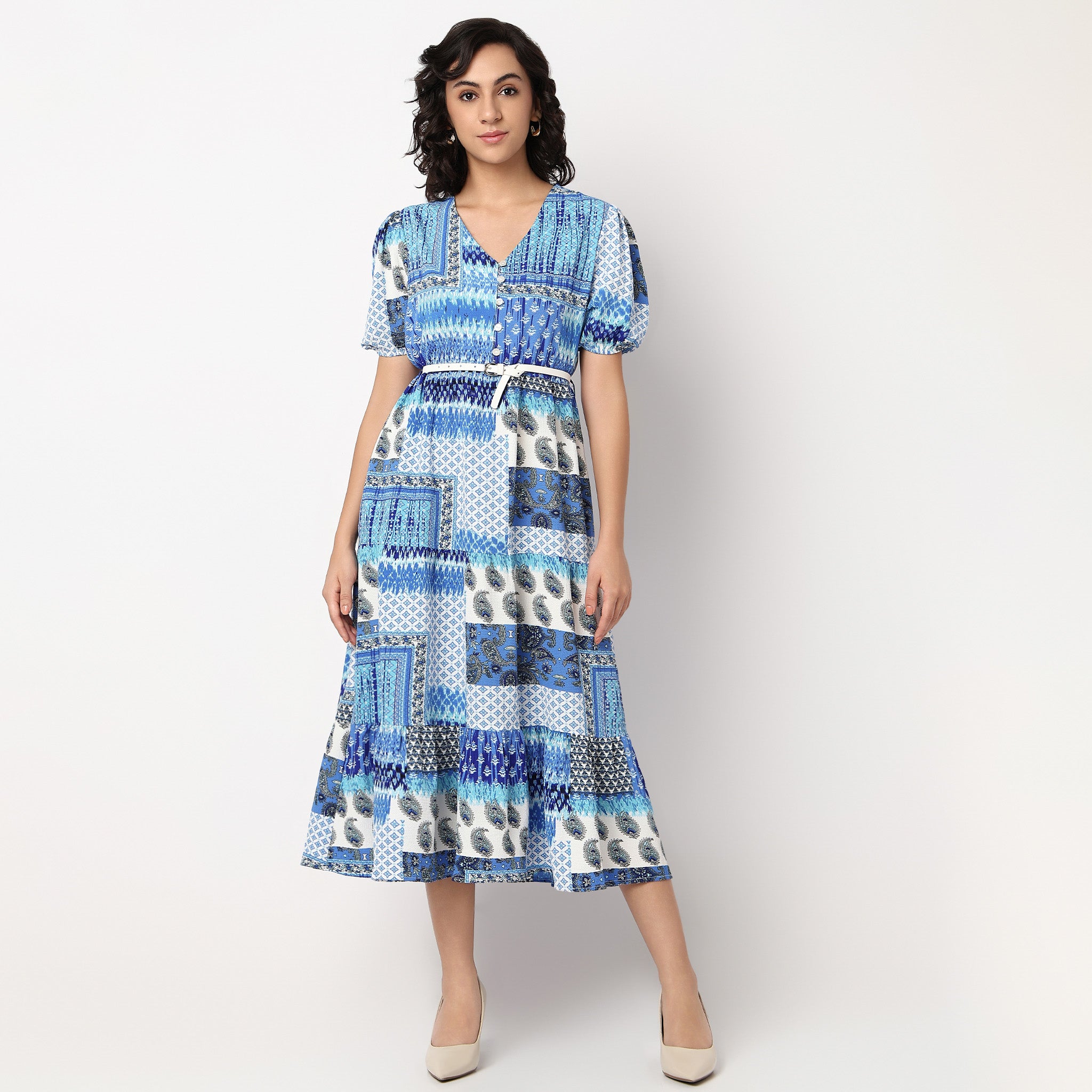 V-Neck Flared Tiered Dress With Belt