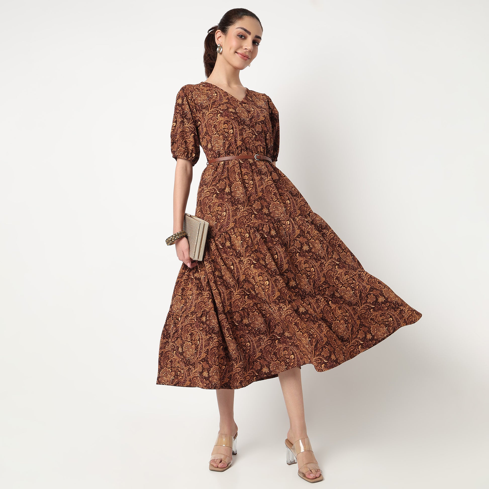 V-Neck Printed Tiered Dress