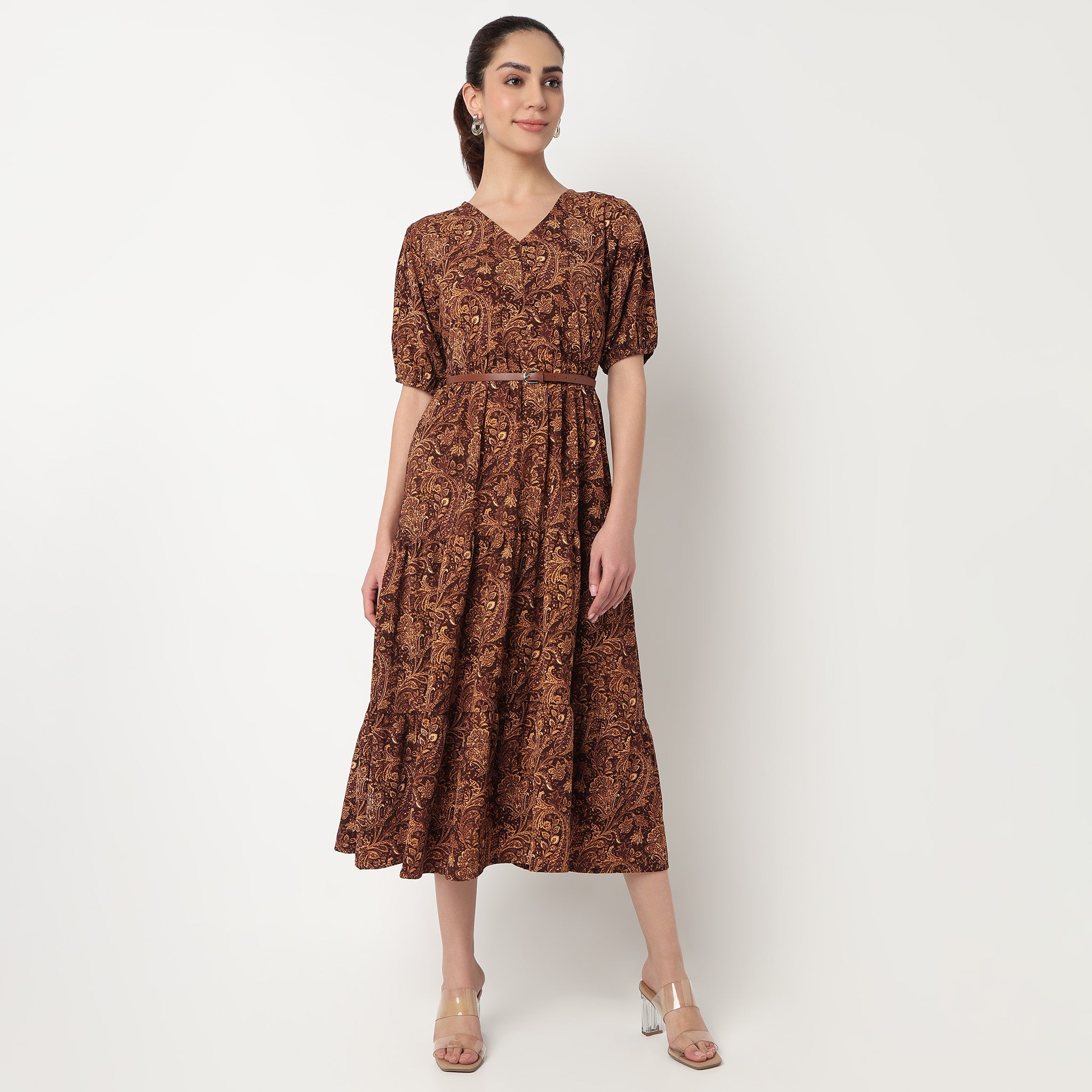 V-Neck Printed Tiered Dress