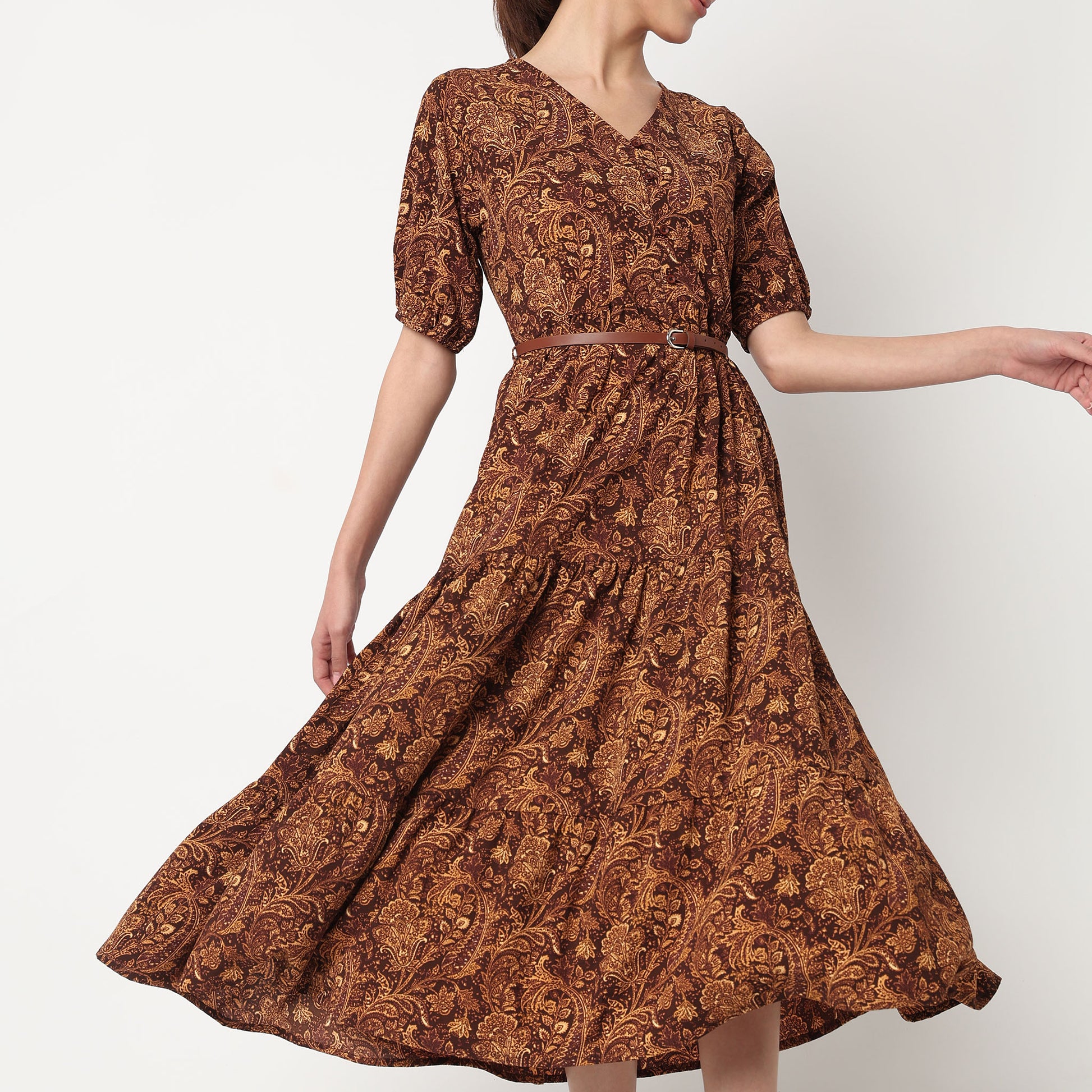 V-Neck Printed Tiered Dress