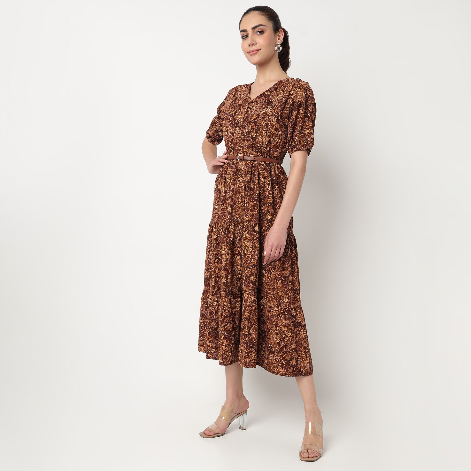 V-Neck Printed Tiered Dress