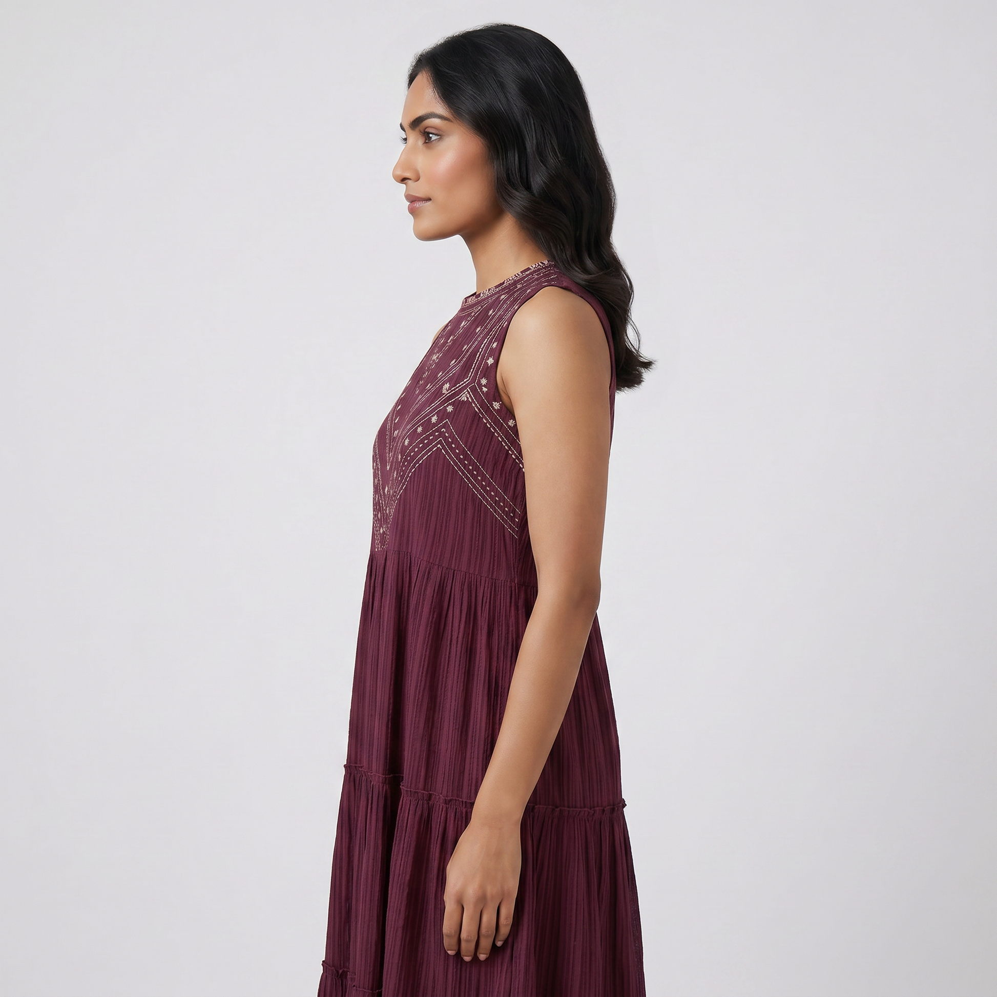 Embroidered Yoke Tiered Dress