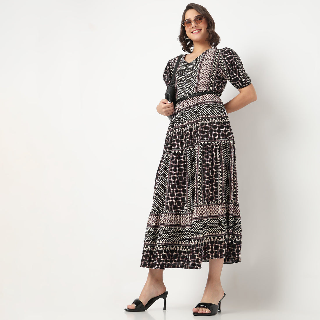 V-Neck Printed Tiered Dress