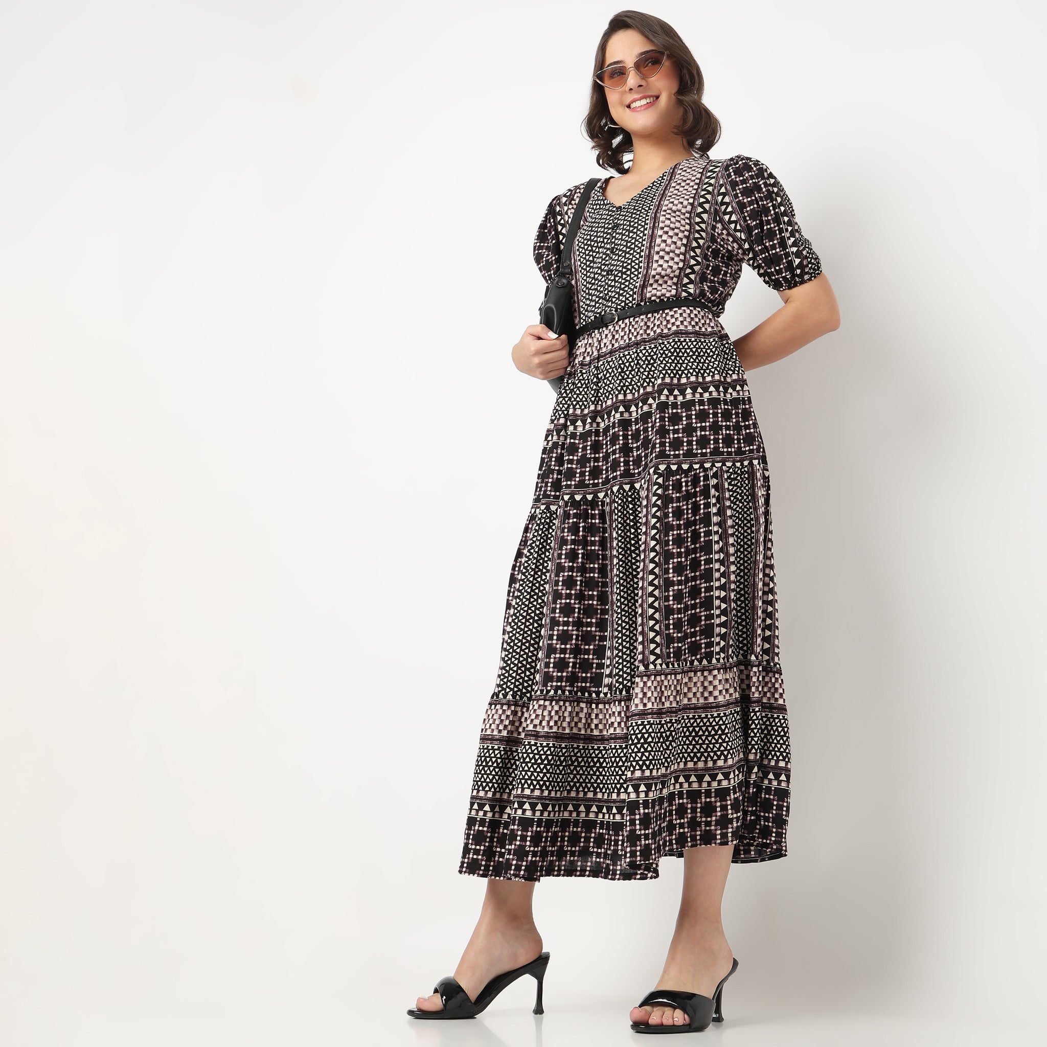 V-Neck Printed Tiered Dress