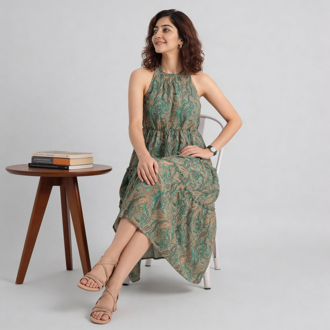 Printed High Neck Smocked Tiered Dress