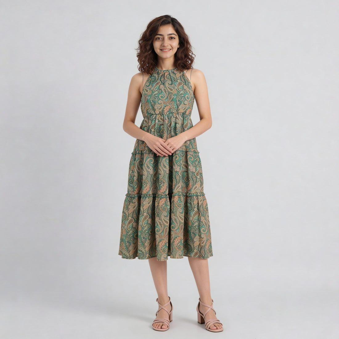 Printed High Neck Smocked Tiered Dress