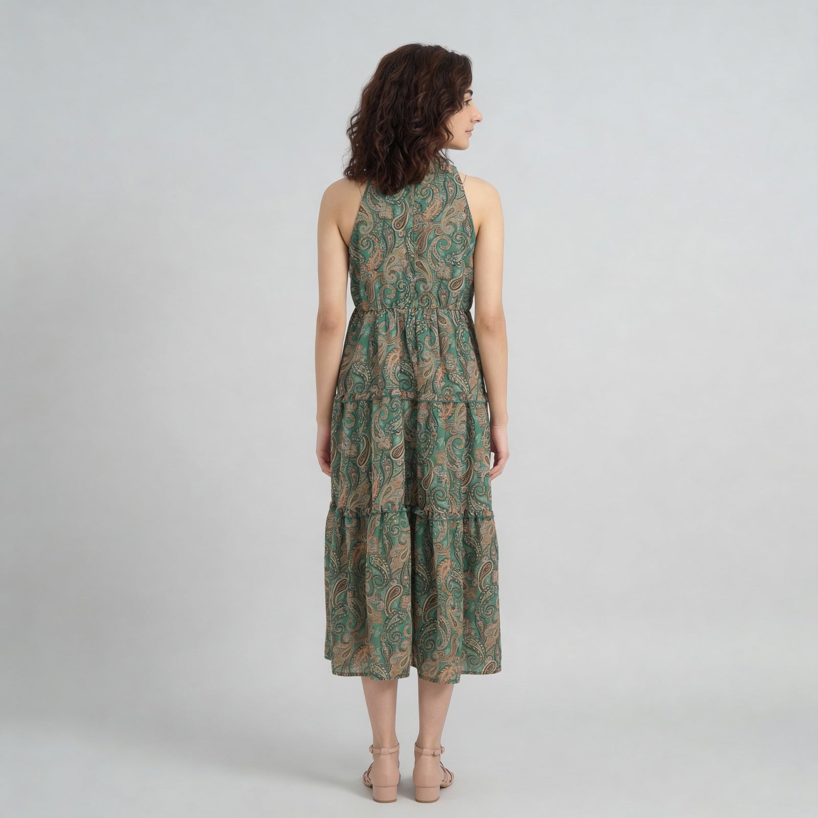 Printed High Neck Smocked Tiered Dress