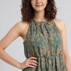 Printed High Neck Smocked Tiered Dress