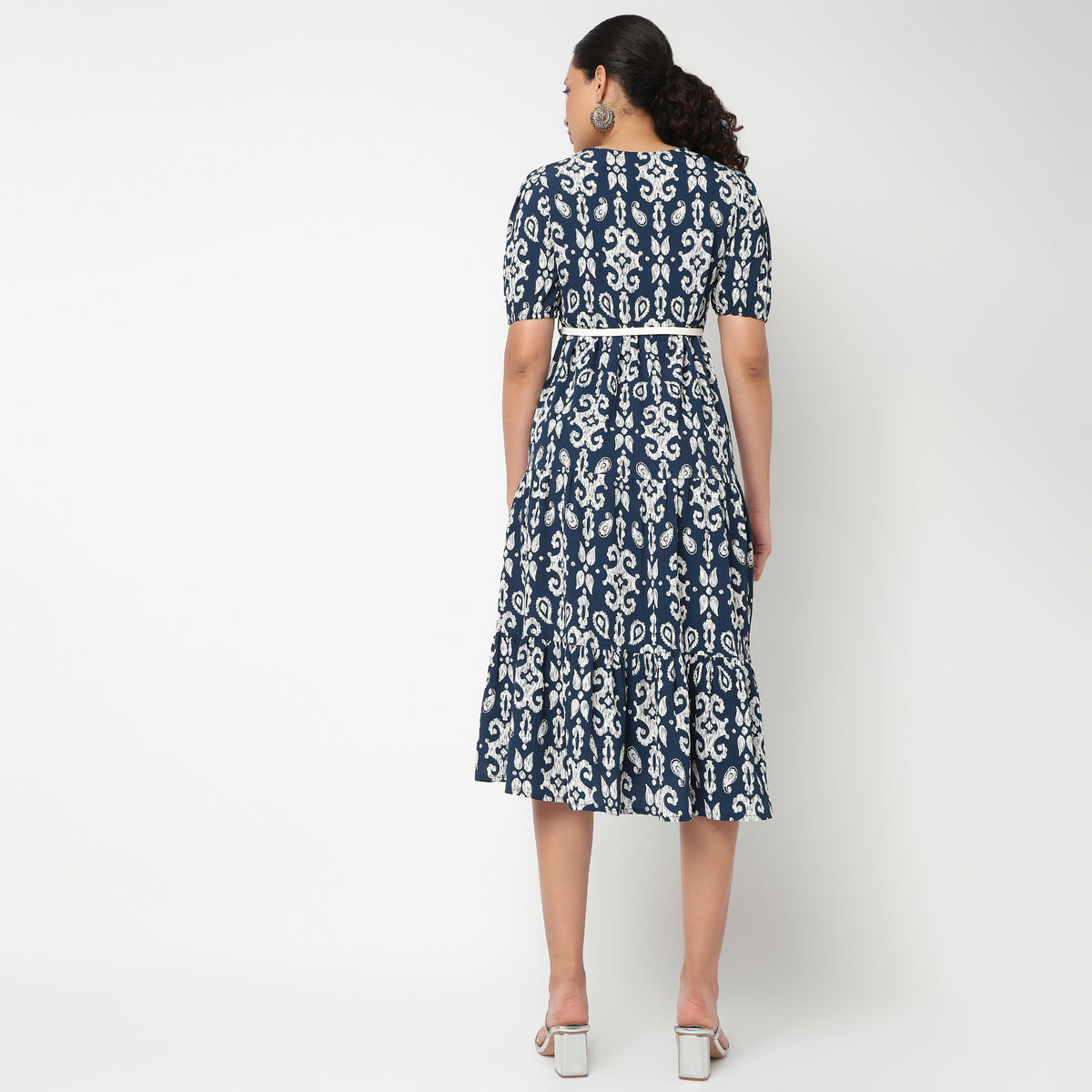 V Neck Tiered Dress with Belt