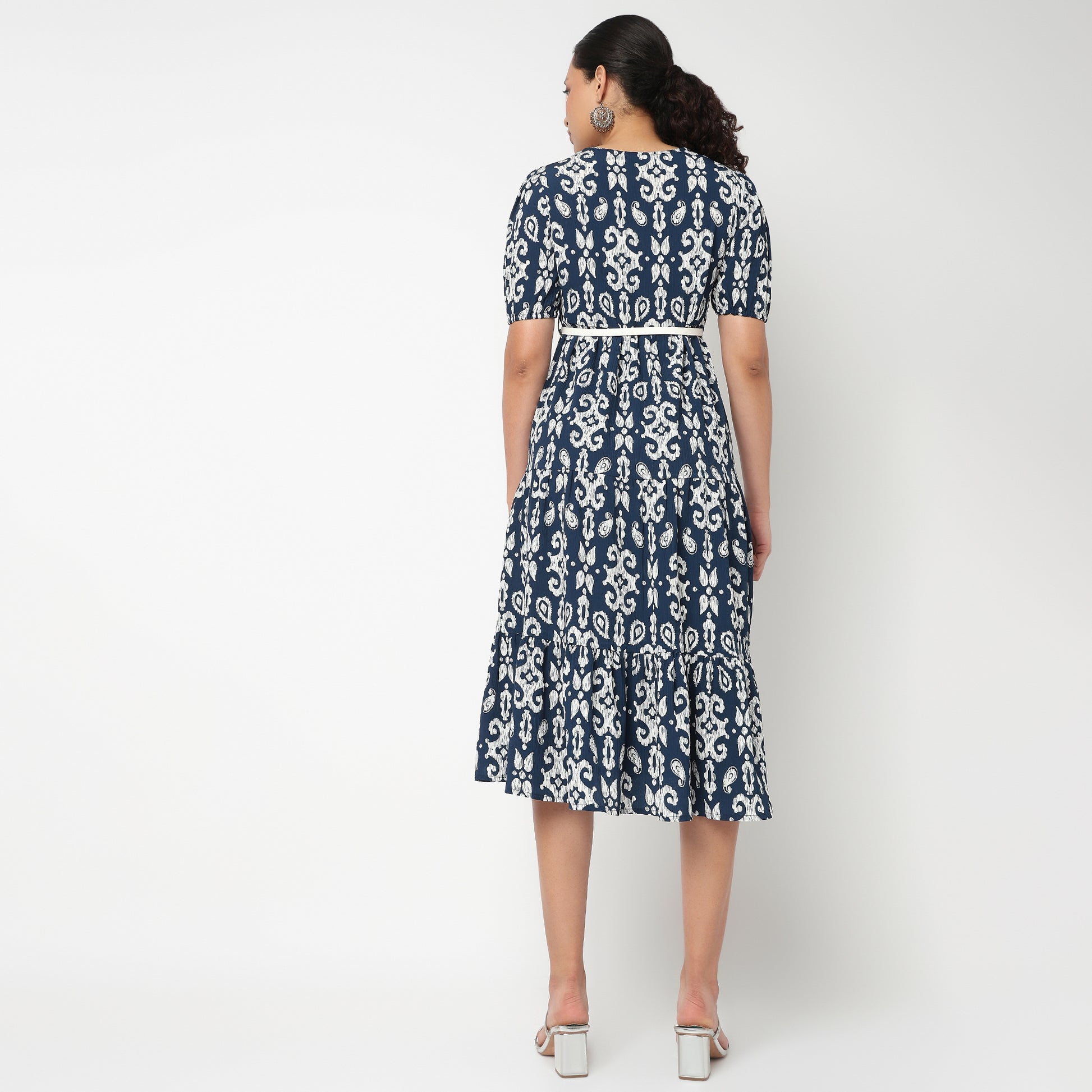 V Neck Tiered Dress with Belt