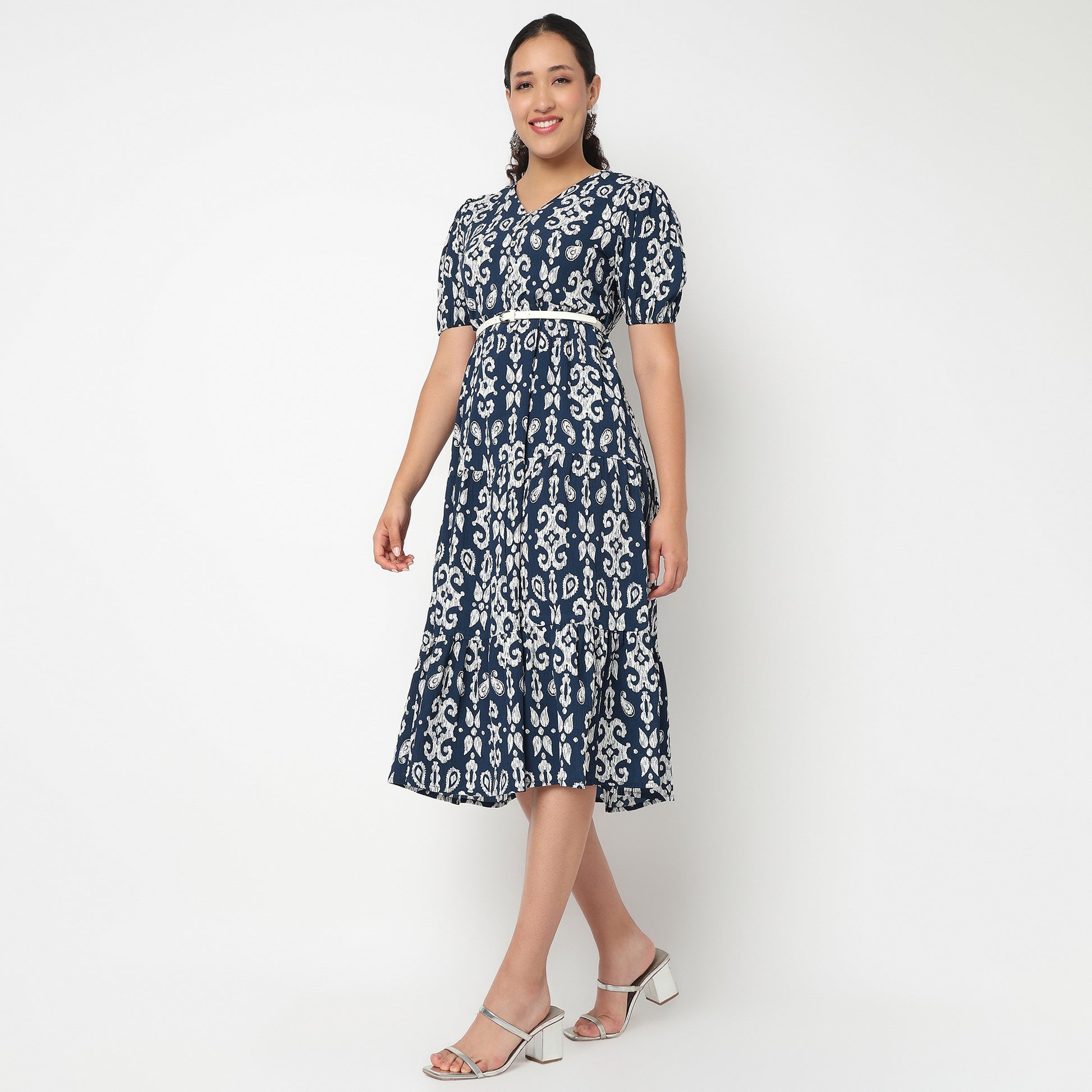 V Neck Tiered Dress with Belt