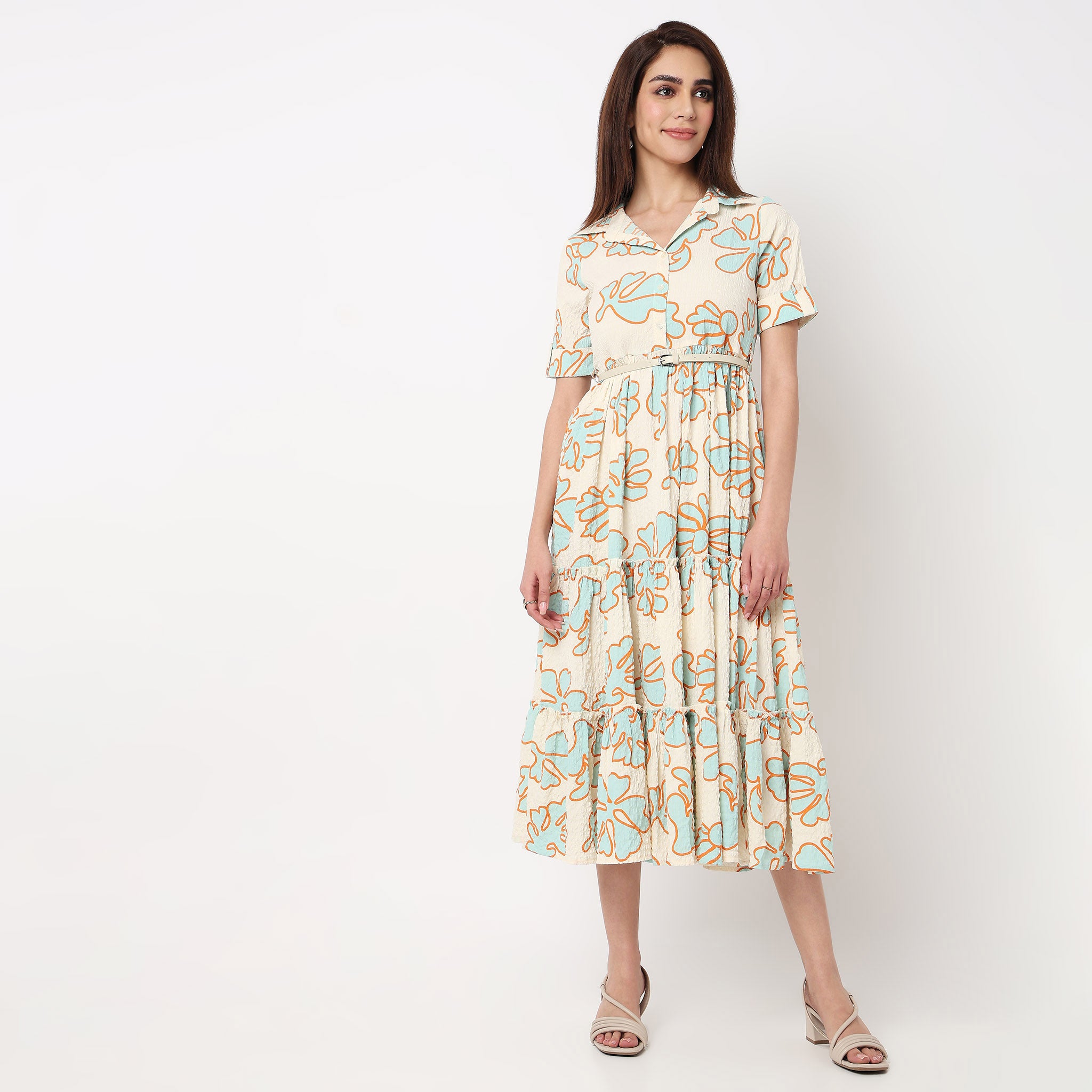 Lapel Collar Tiered Dress 