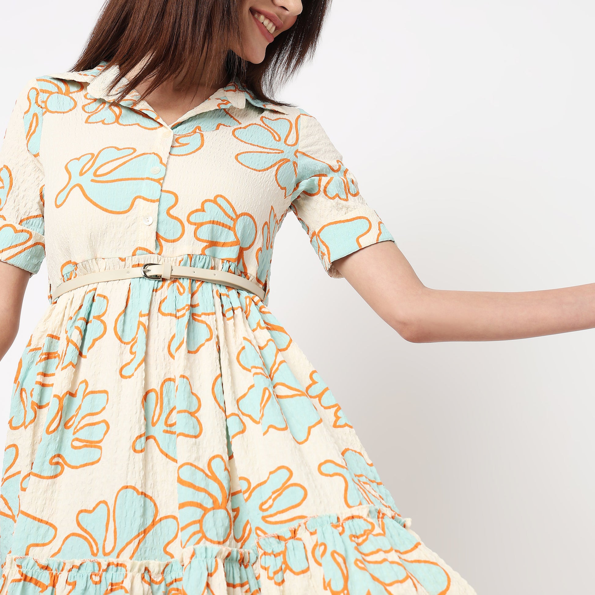 Lapel Collar Tiered Dress 