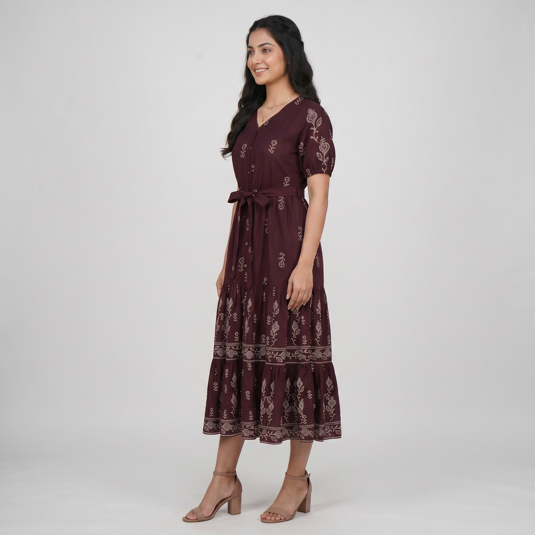 Embroidered V-Neck Tiered Dress