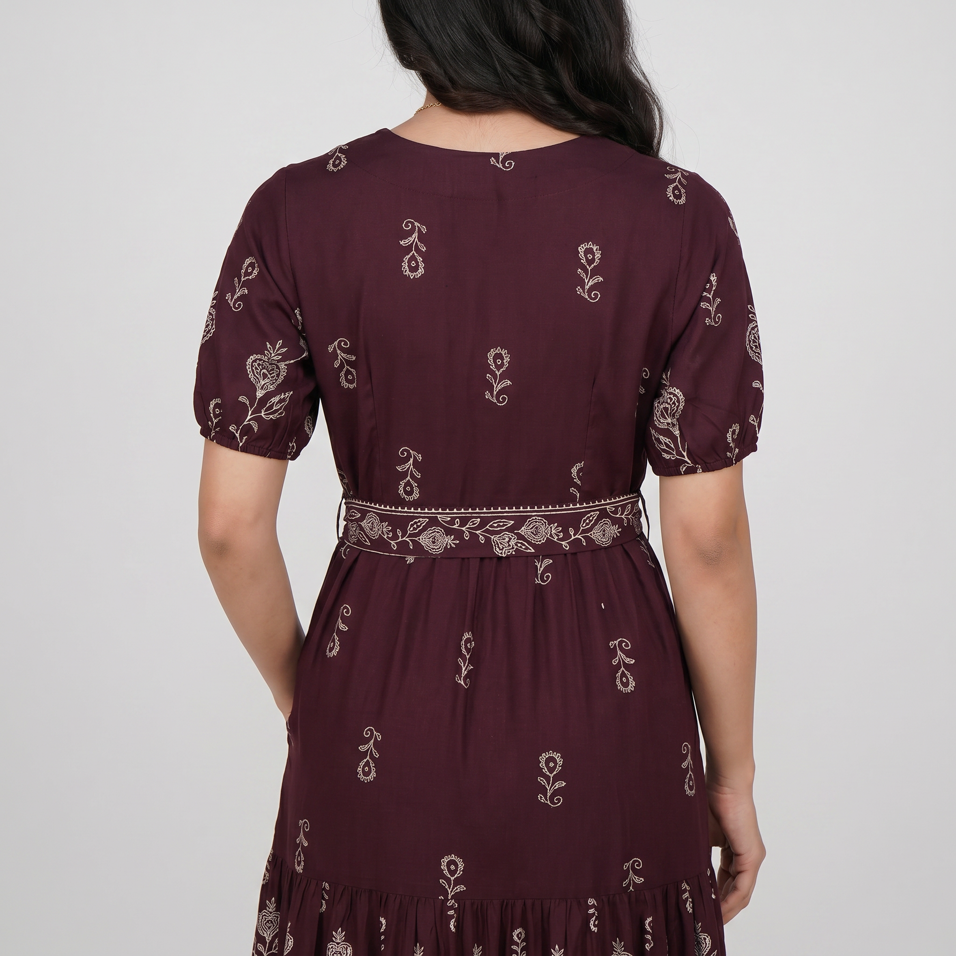 Embroidered V-Neck Tiered Dress