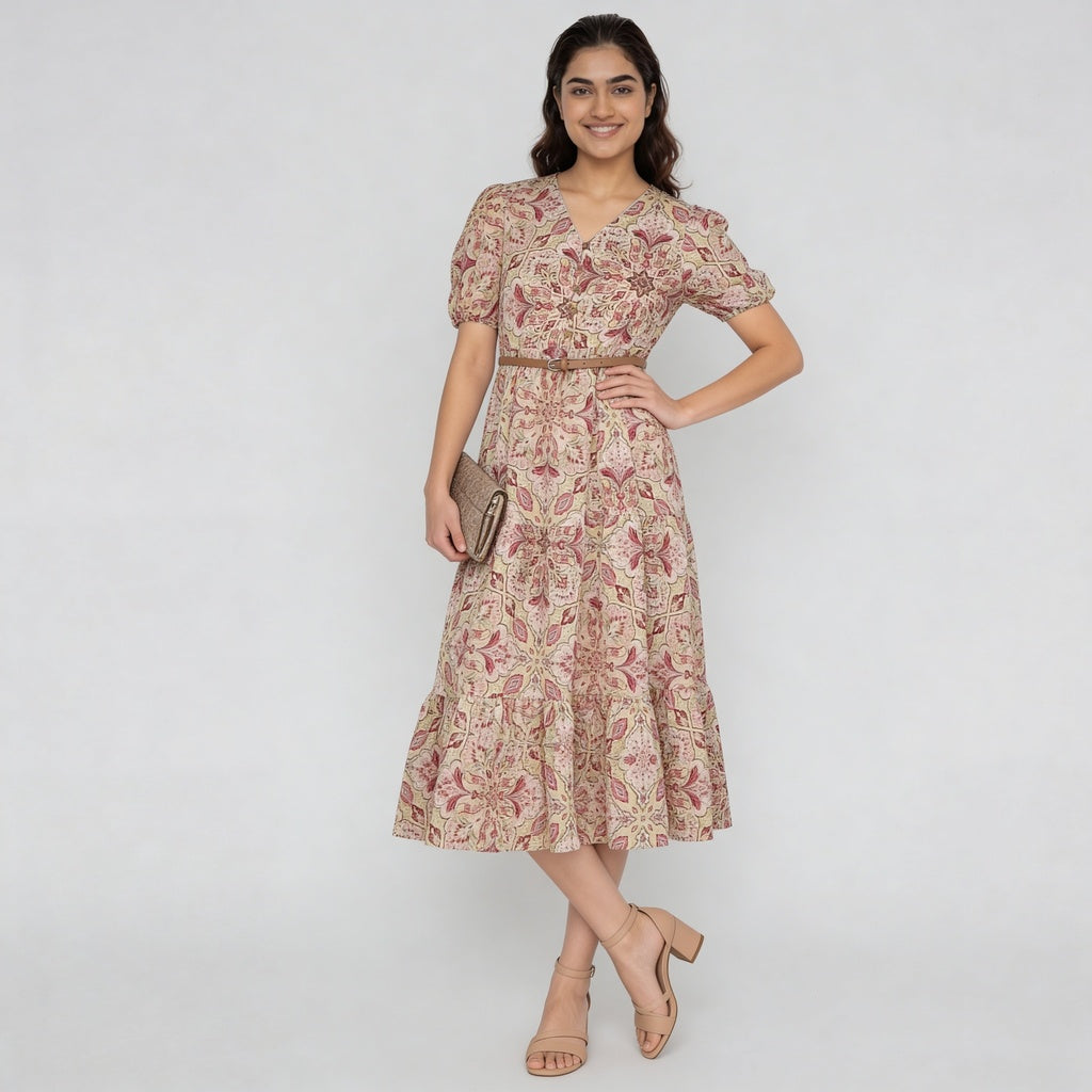 Printed V-Neck Tiered Dress