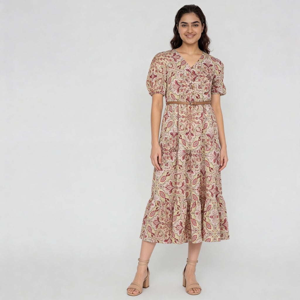 Printed V-Neck Tiered Dress